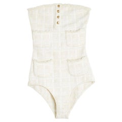 Chanel 2007 Top Body FR34 Ecru Baumwolle Tweed 4 Taschen Iconic Bodysuit UK6 US4