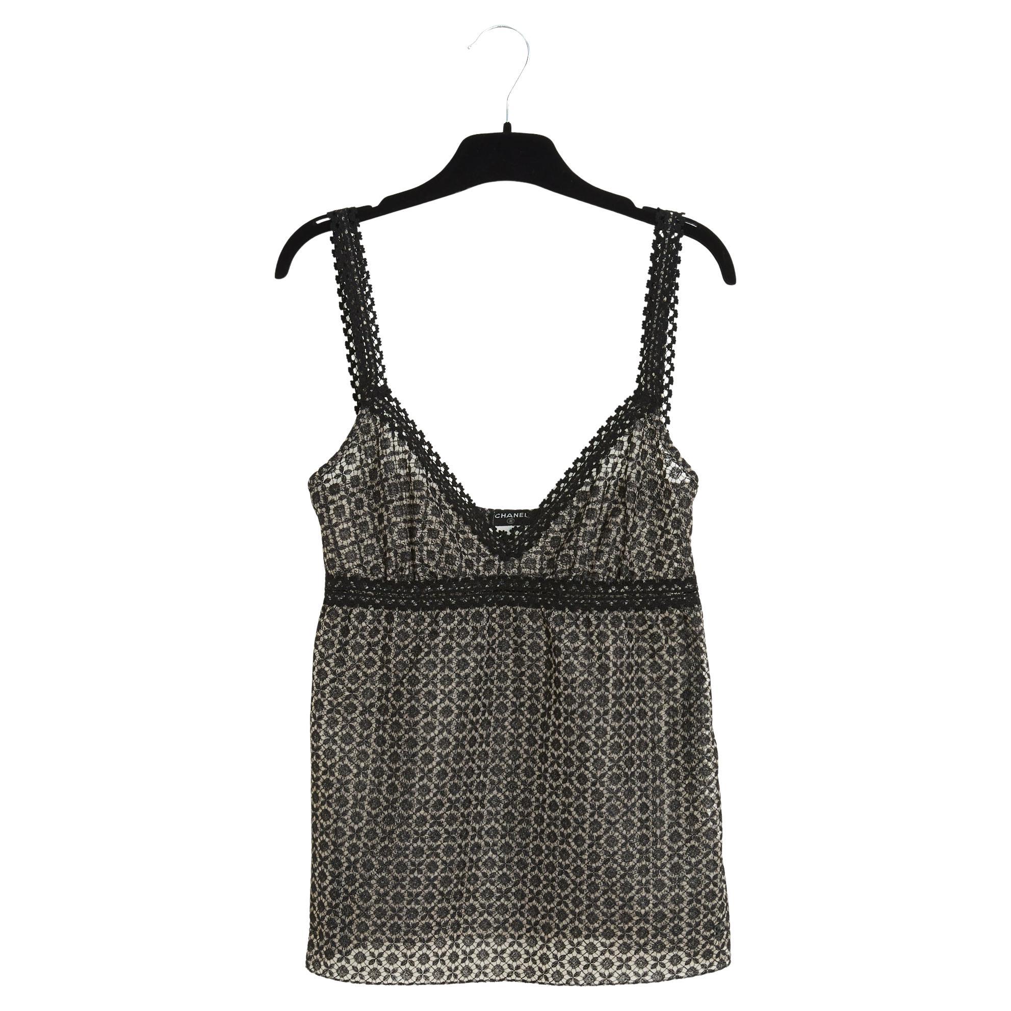 Chanel 2007 Top dentelle FR38 Black Nude Lace Top Tank UK10 US8 For Sale