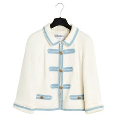 Chanel 2007 Veste Tweed Jean FR34 Denim Trim Baumwolle Tweed CC Jacke UK6 US4