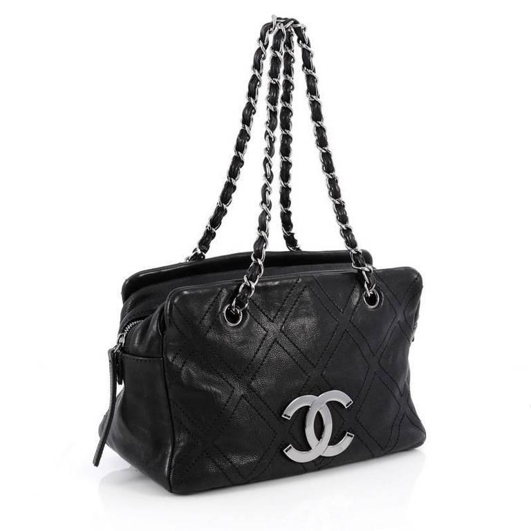 Chanel 2007 Vintage Calfskin Leather Small Medium CC Logo Black Shopping Tote For Sale 1