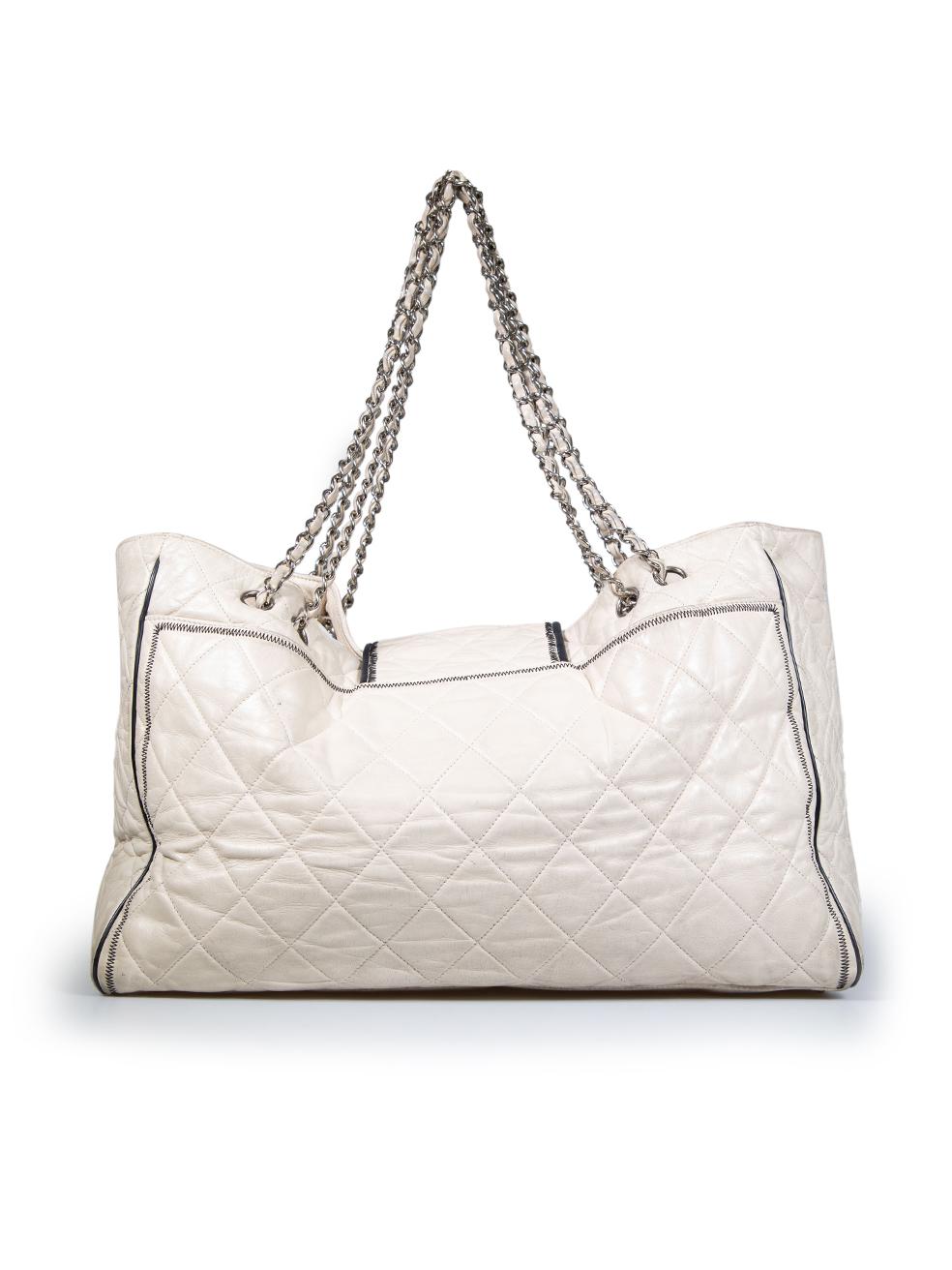 Chanel 2008-2009 Ecru Leather Mademoiselle Lock East West Quilted Tote In Good Condition For Sale In London, GB