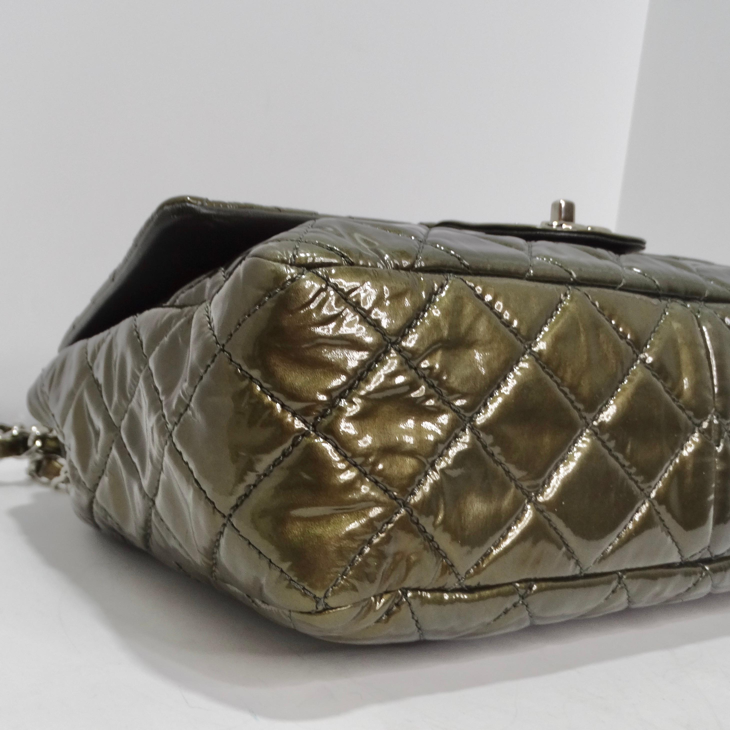 Chanel 2008-2009 Metallic Patent Quilted Jumbo Single Flap Green For Sale 6