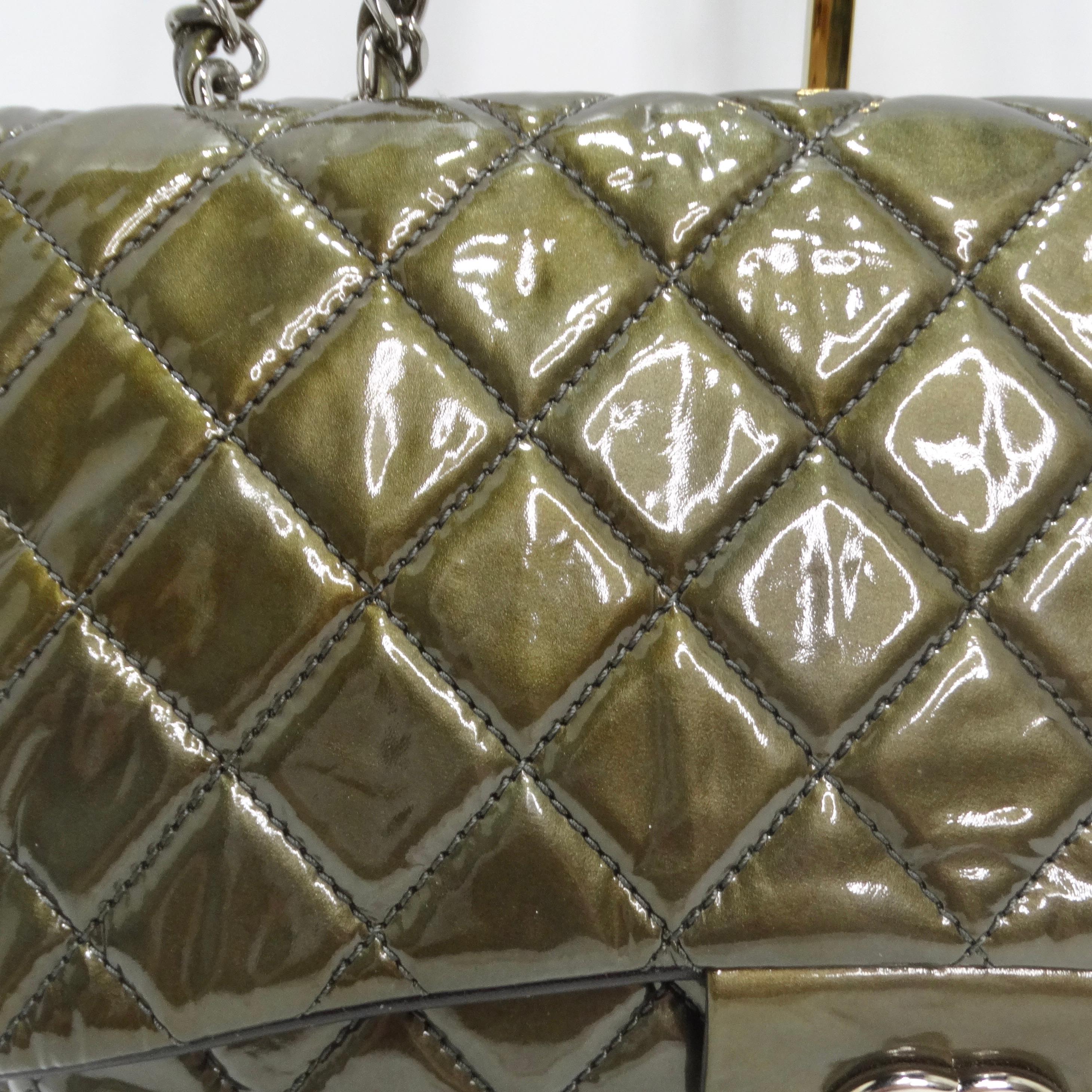 Black Chanel 2008-2009 Metallic Patent Quilted Jumbo Single Flap Green For Sale