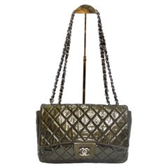 Used Chanel 2008-2009 Metallic Patent Quilted Jumbo Single Flap Green