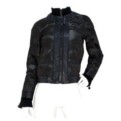 Chanel 2008 Black Camouflage & Blue Leather Bomber Jacket