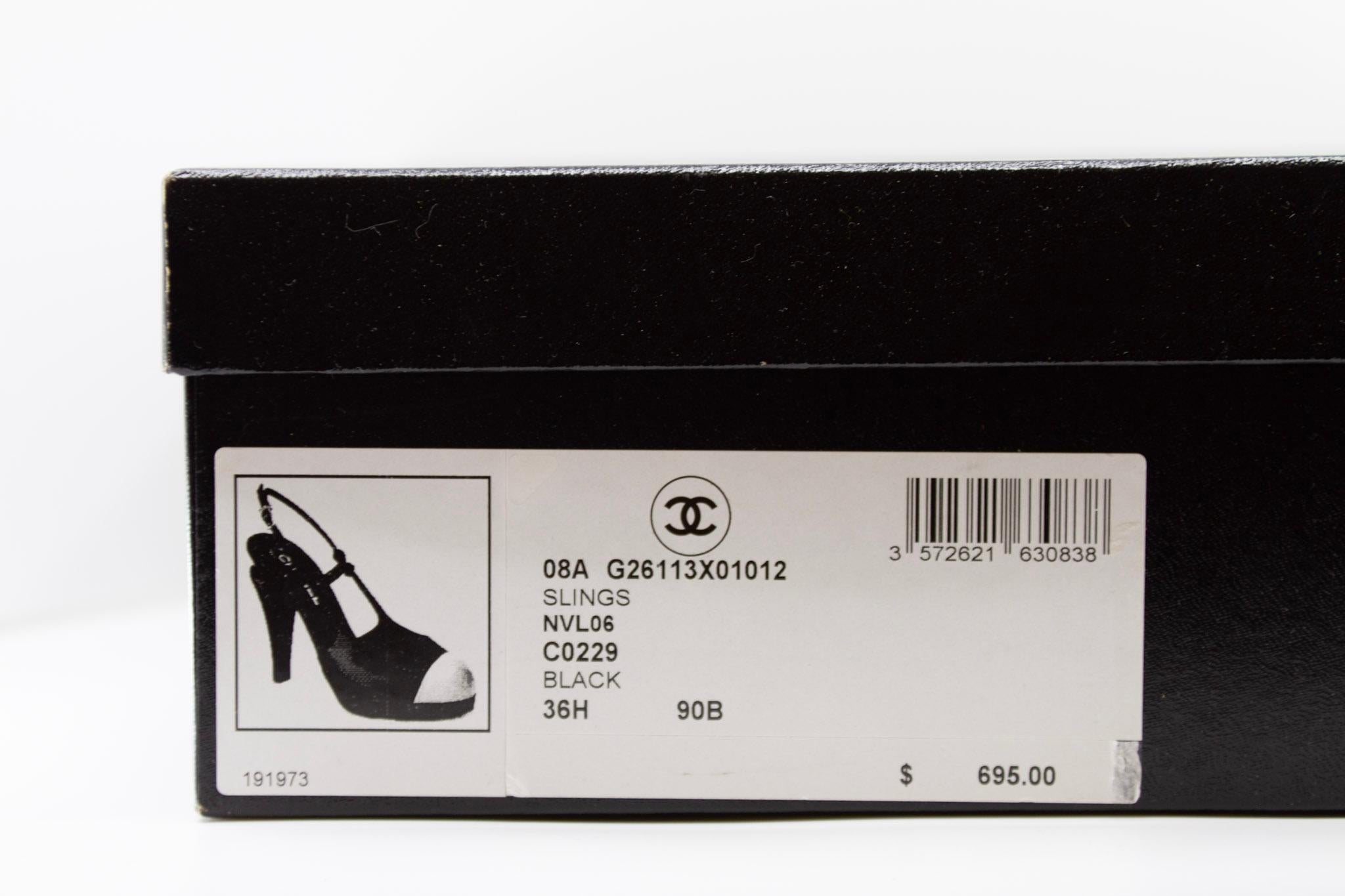 Chanel 2008 Black & White Patent Leather Slingback Heels For Sale 6