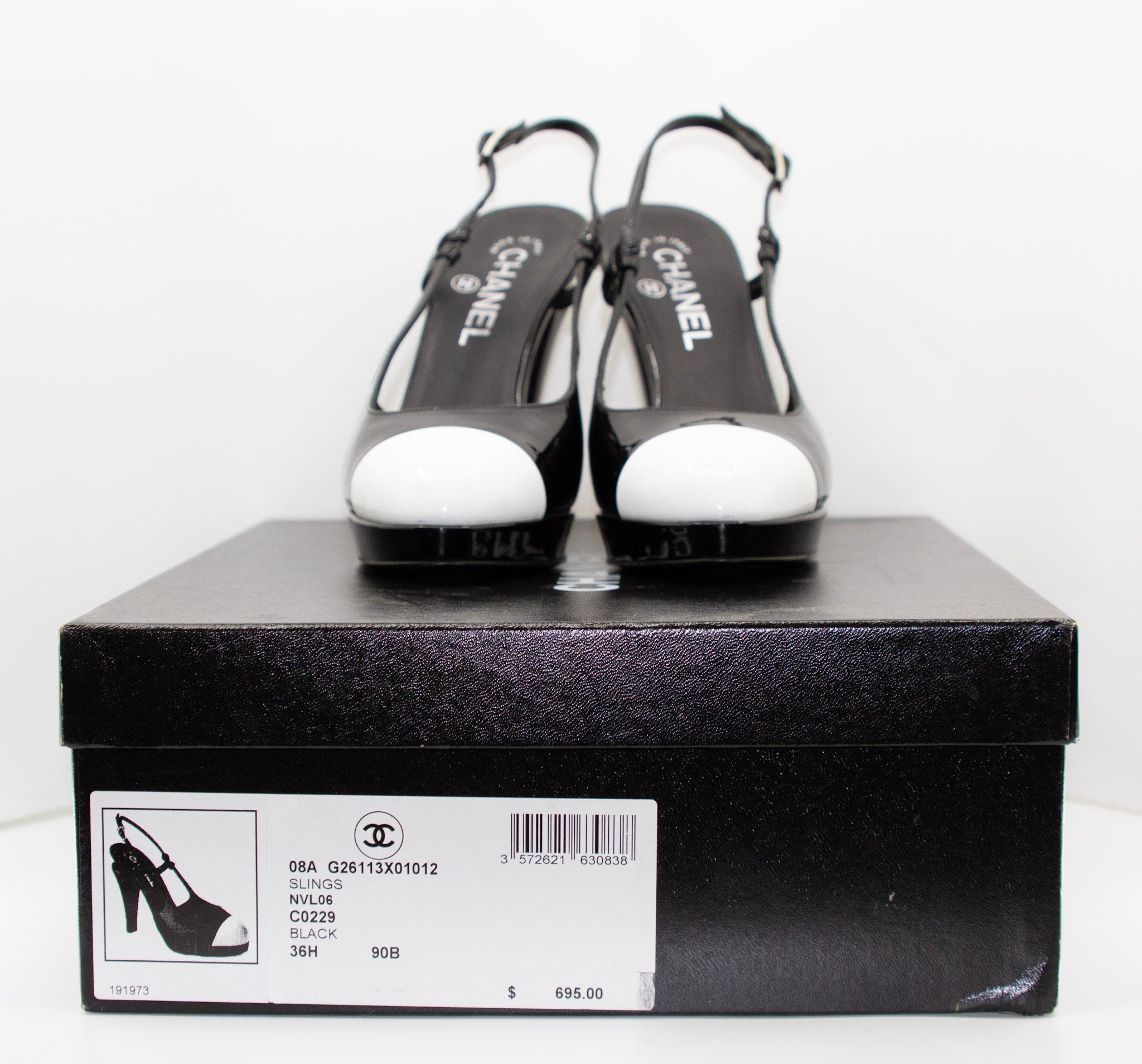 Chanel 2008 Black & White Patent Leather Slingback Heels  For Sale 5