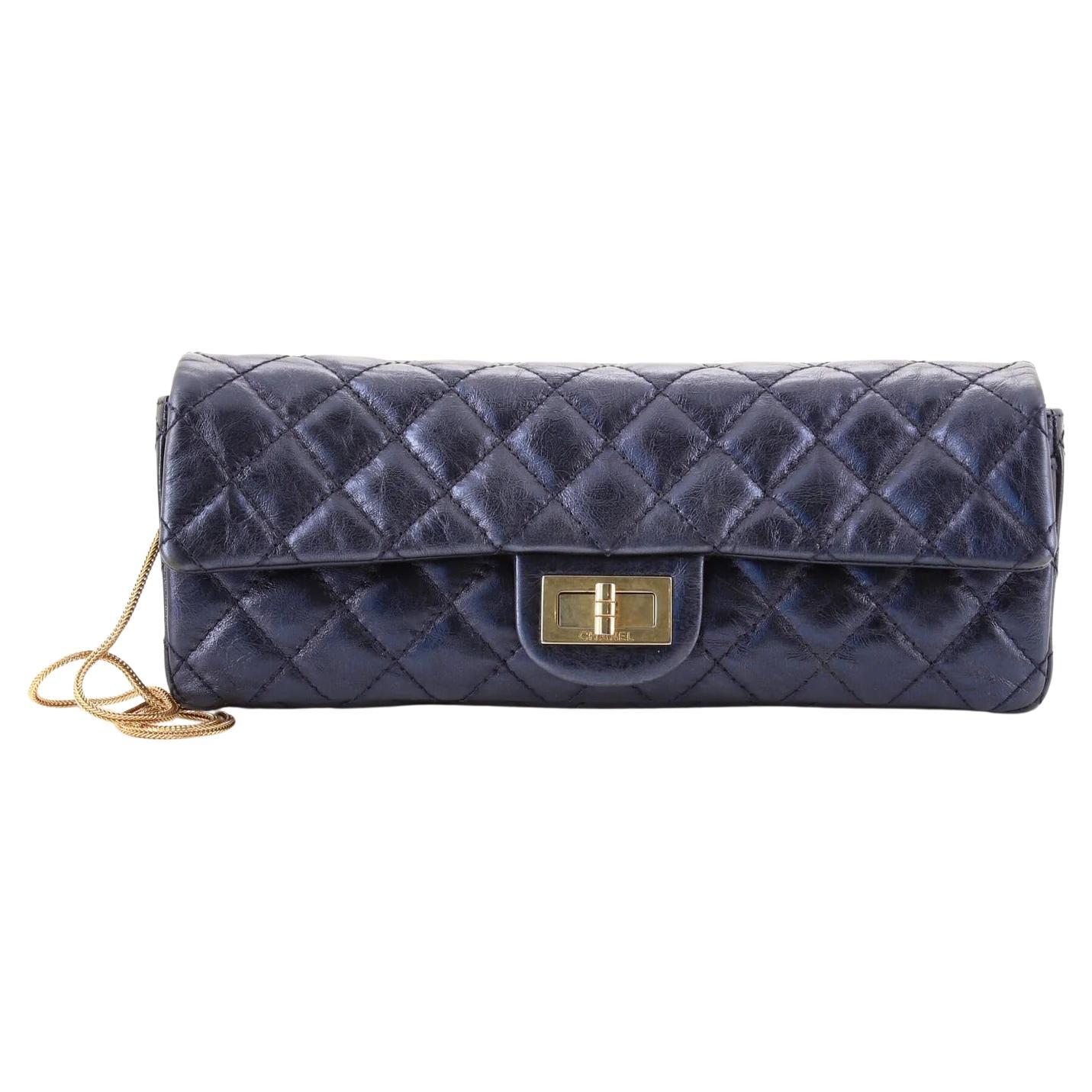 Gray Chanel 2008 Blue Metallic Long Quilted Clutch Classic Flap Bag For Sale