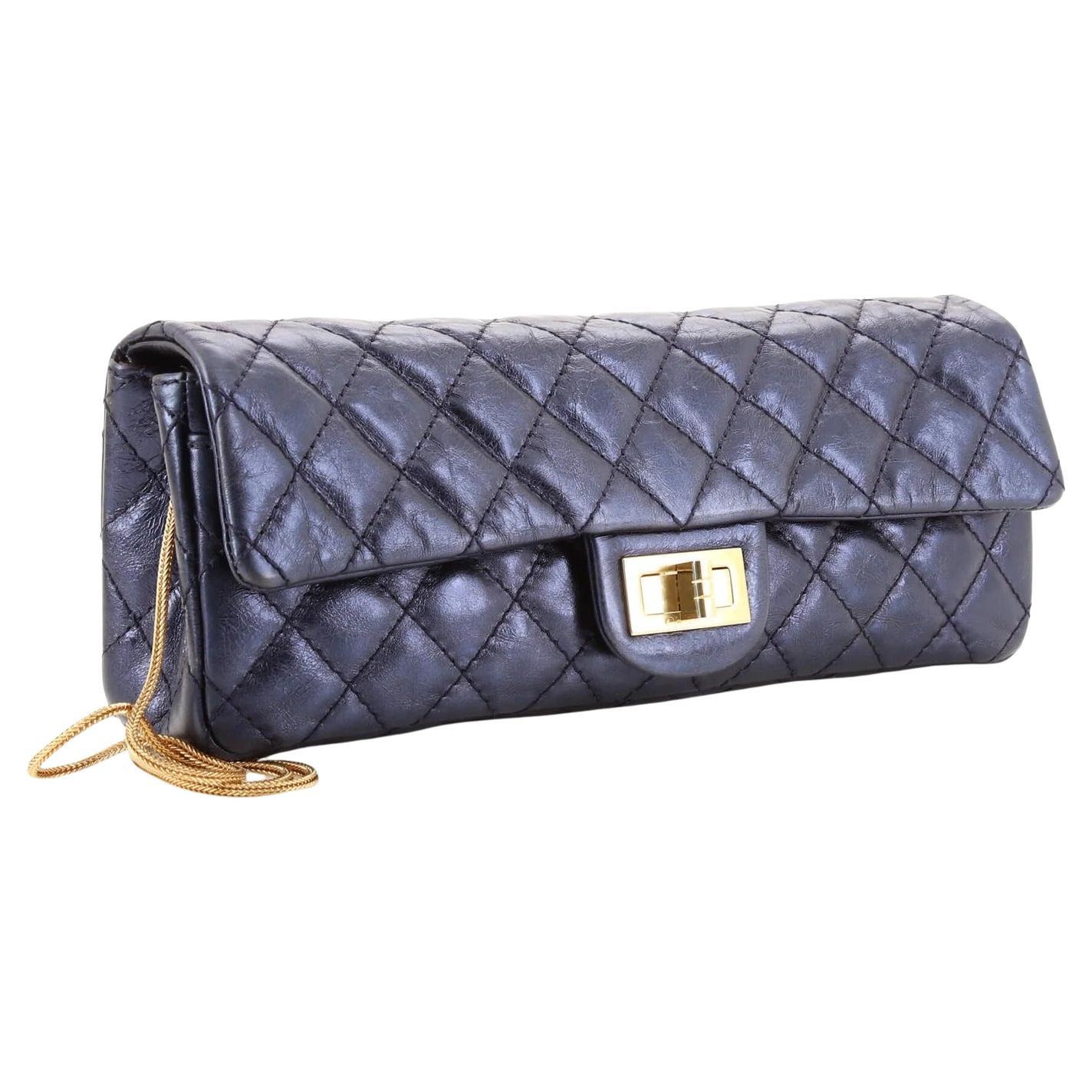 Chanel 2008 Blue Metallic Long Quilted Clutch Classic Flap Bag