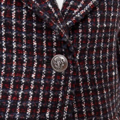 CHANEL 2008 burgundy navy check striped tweed cashmere wool fringe blazer FR42 L