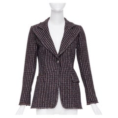 CHANEL 2008 burgundy navy check striped tweed cashmere wool fringe blazer FR42 L