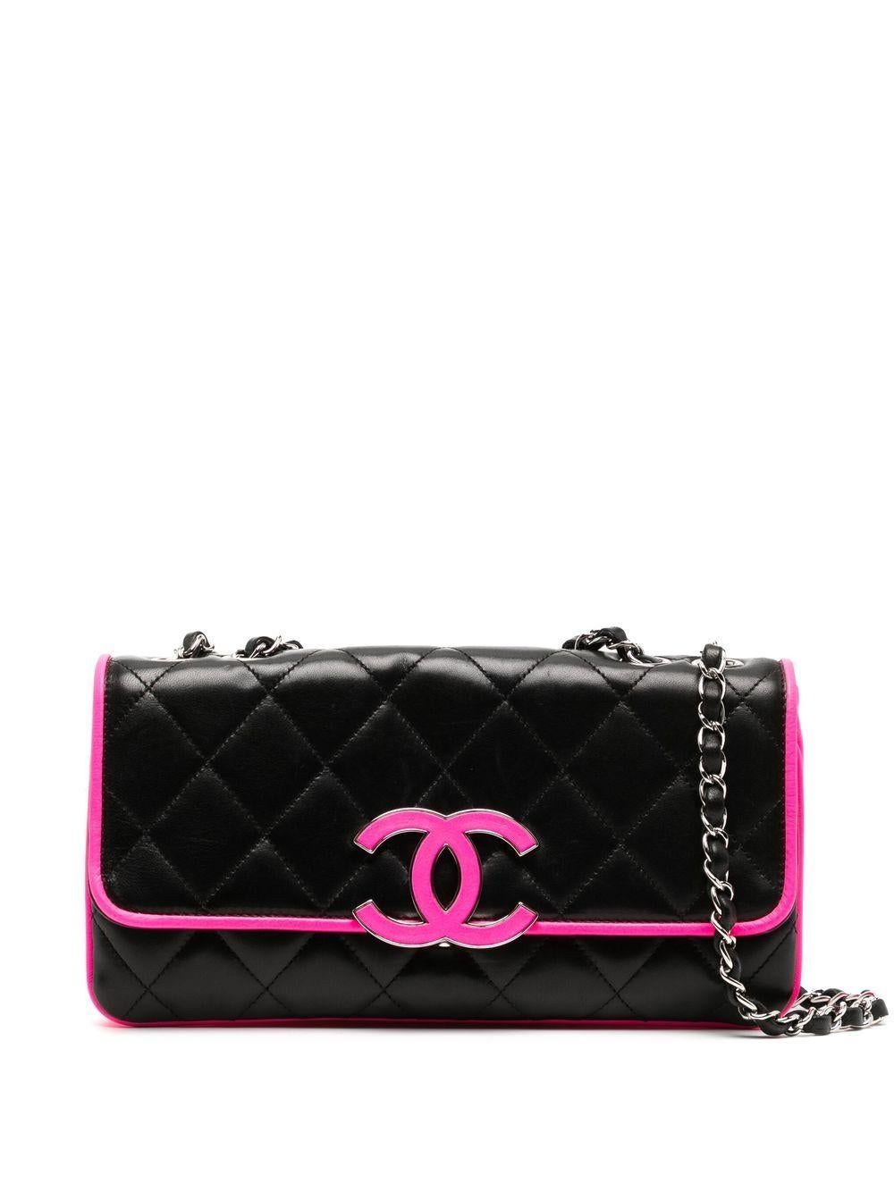 Chanel 2008 Cruise Black Pink Small Medium Logo Accordion Classic Flap Bag  For Sale 1