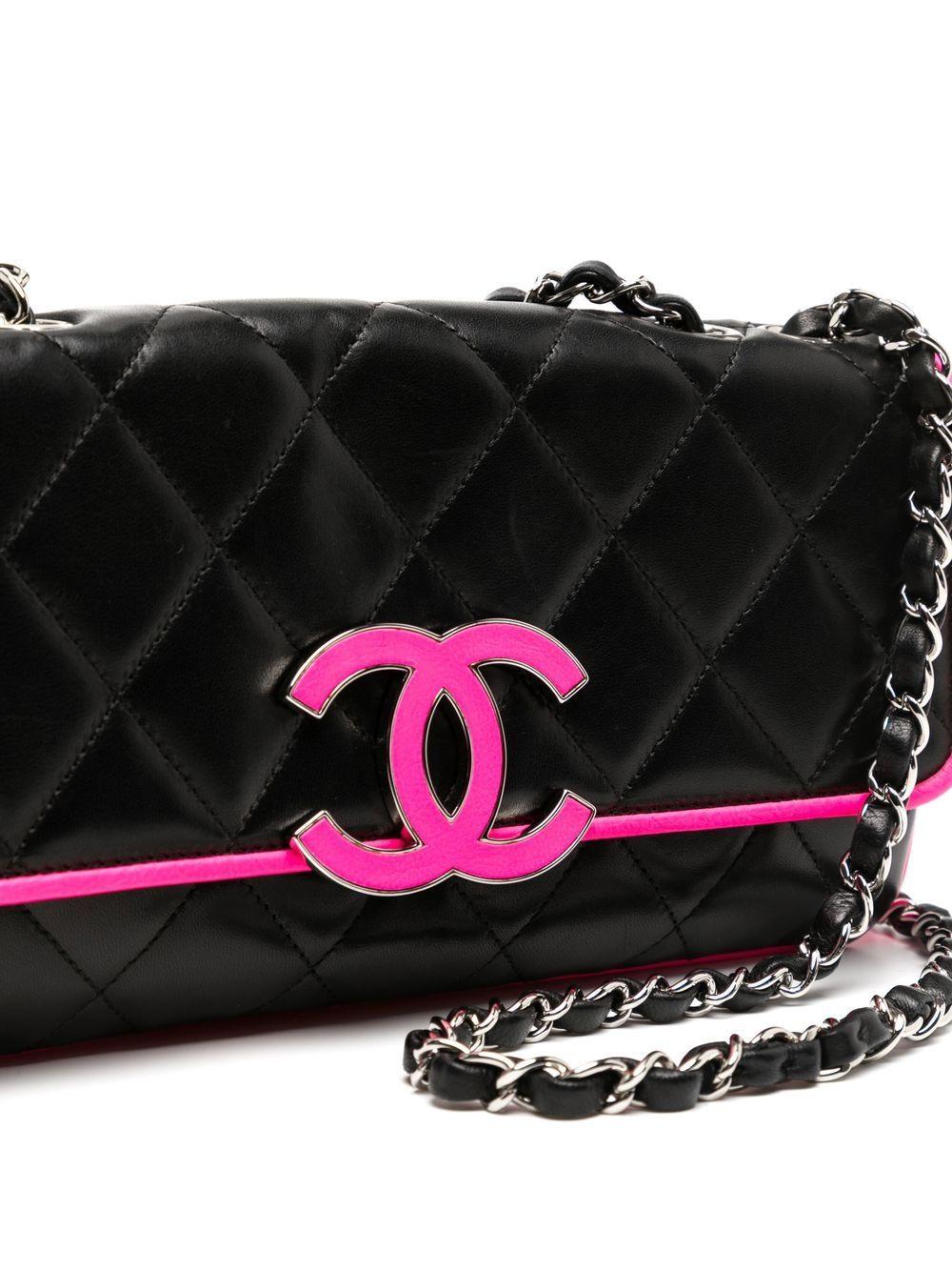 Chanel 2008 Cruise Black Pink Small Medium Logo Accordion Classic Flap Bag  For Sale 2