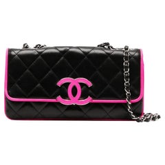 Chanel 2008 Cruise Black Pink Small Medium Logo Accordion Classic Flap Bag 