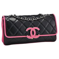 Chanel 2008 Cruise Black Pink Small Medium Logo Accordion Classic Flap Bag