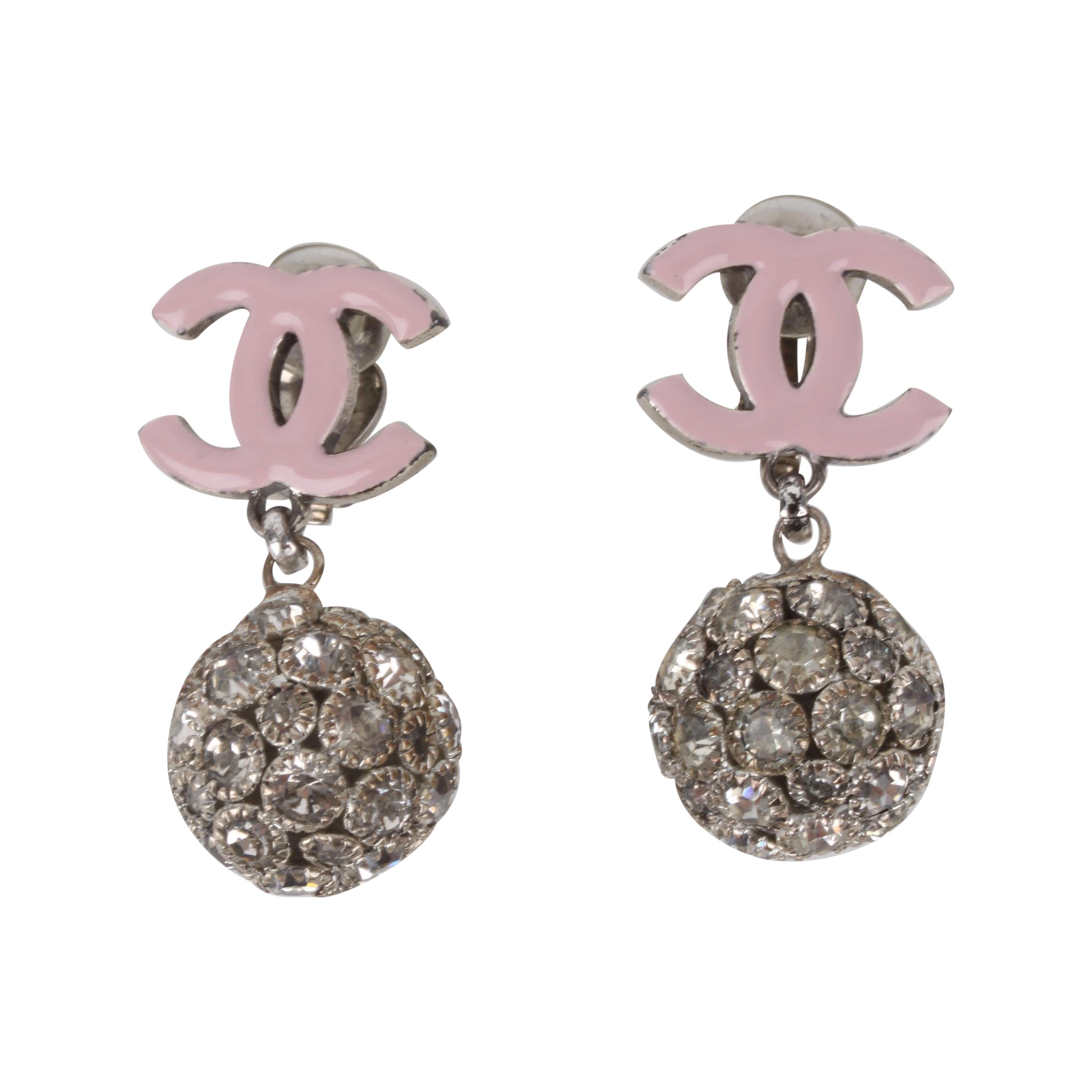 Chanel 2008 Cruise Collection Pastel Pink Logo Silver Rhinestone Crystal Earring For Sale