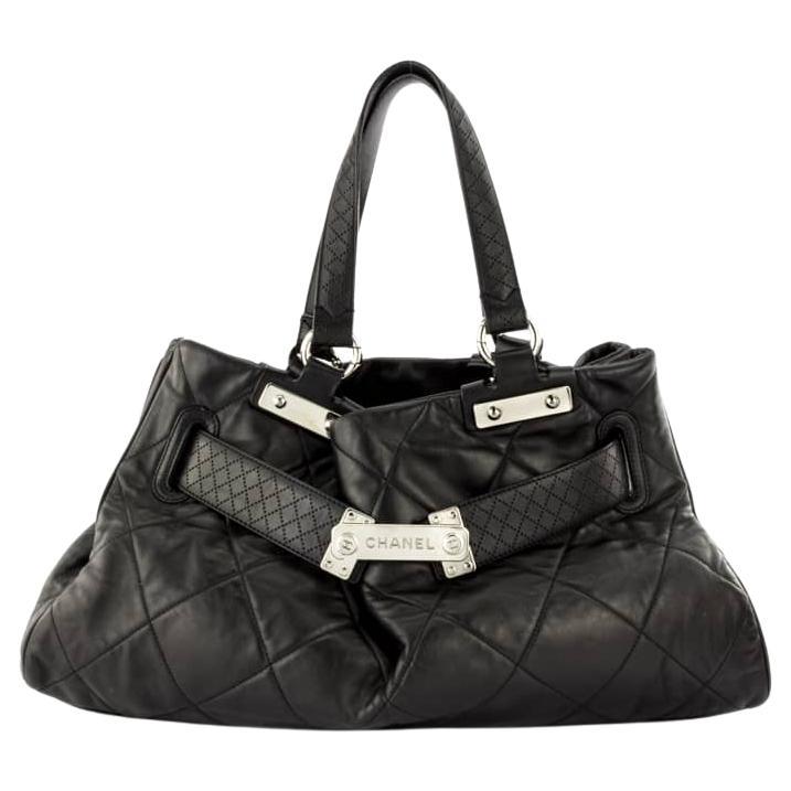 Chanel 2008 East West Expandable Strap Shopping Satchel Black Calfskin Tote