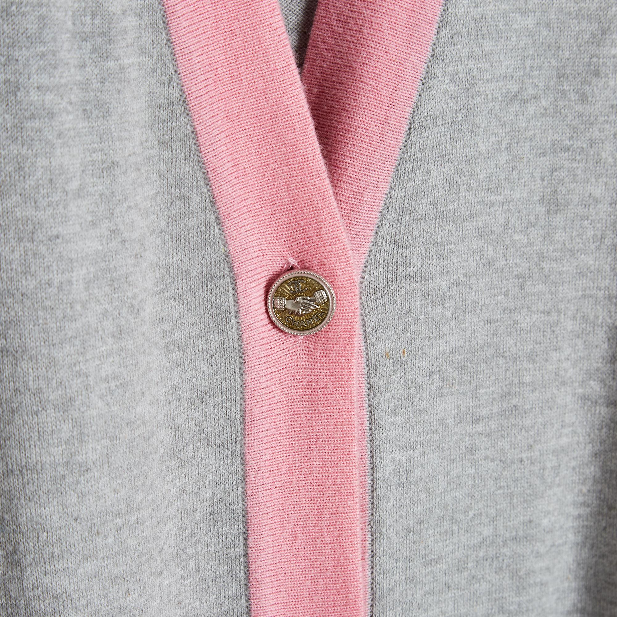 Gray Chanel 2008 Gilet long FR44 Cotton Cashmere Grey Pink long Cardigan UK16 US14