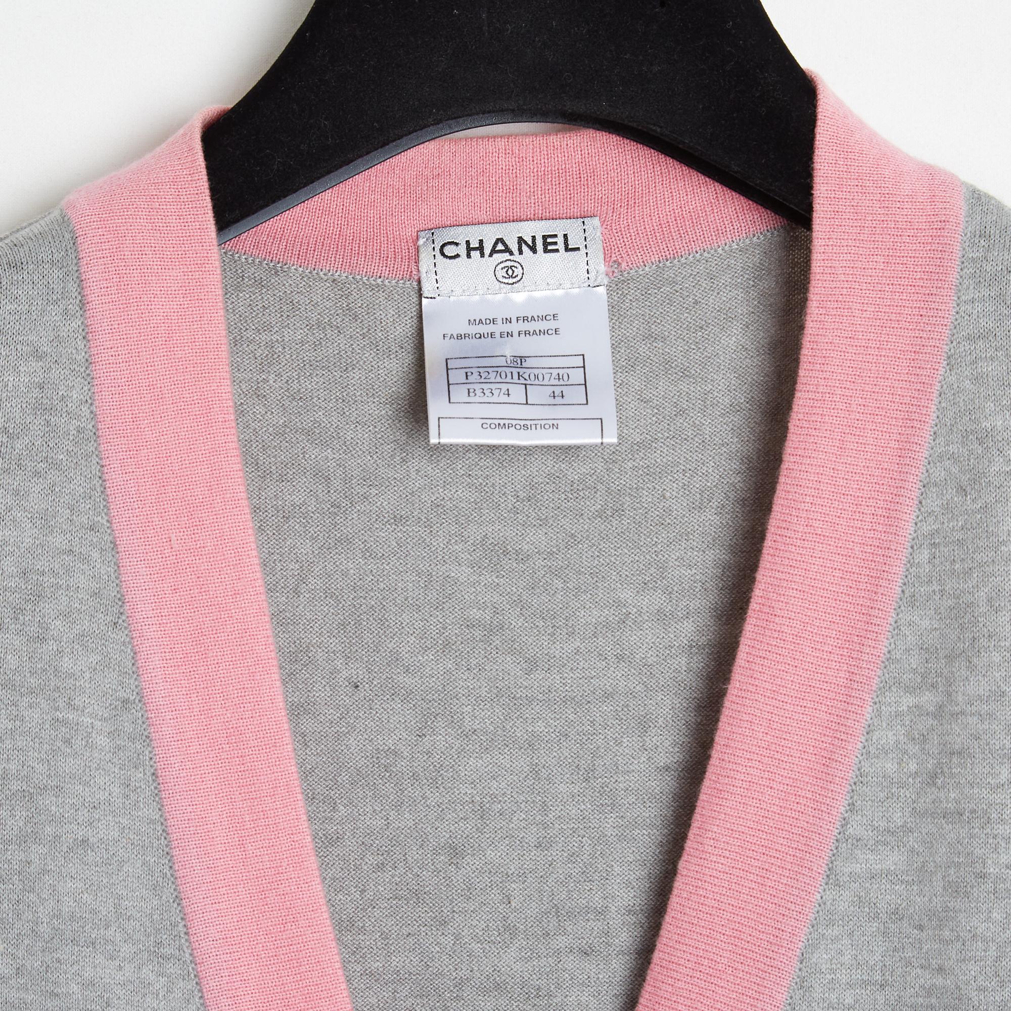 Women's or Men's Chanel 2008 Gilet long FR44 Cotton Cashmere Grey Pink long Cardigan UK16 US14
