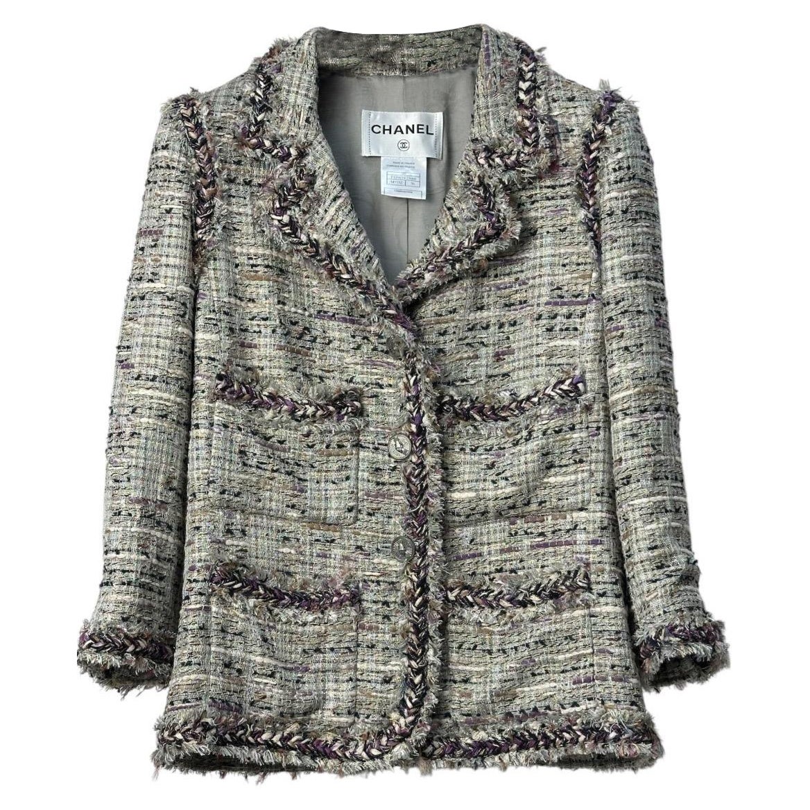 Chanel 2008 Veste à franges en tweed gris violet Sz.36 en vente