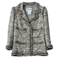 Chanel 2008 Grey Purple Tweed Fringe Jacket Sz.36