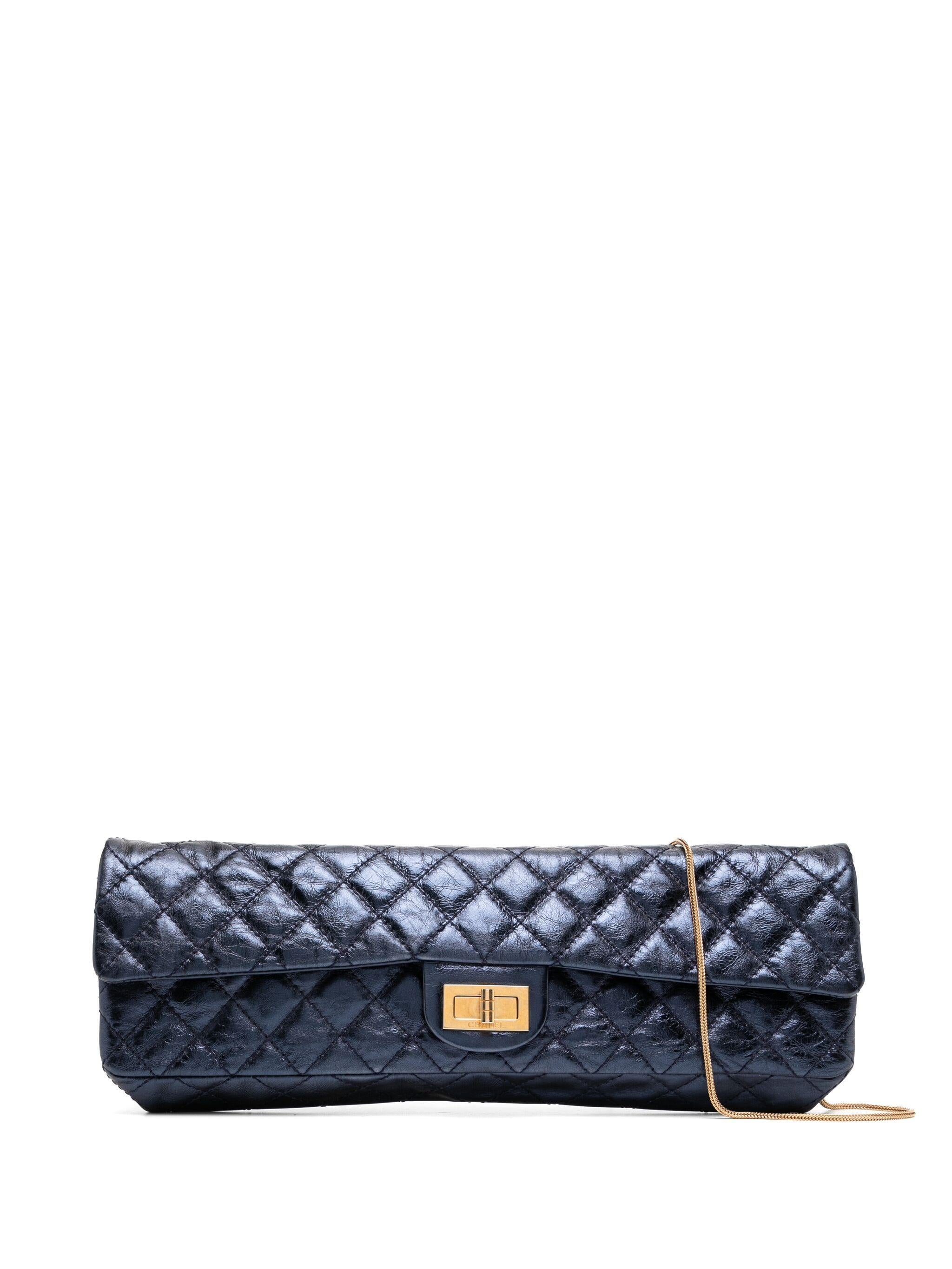 Black Chanel 2008 Long Quilted Metallic Blue Iridescent Classic Flap Bag For Sale