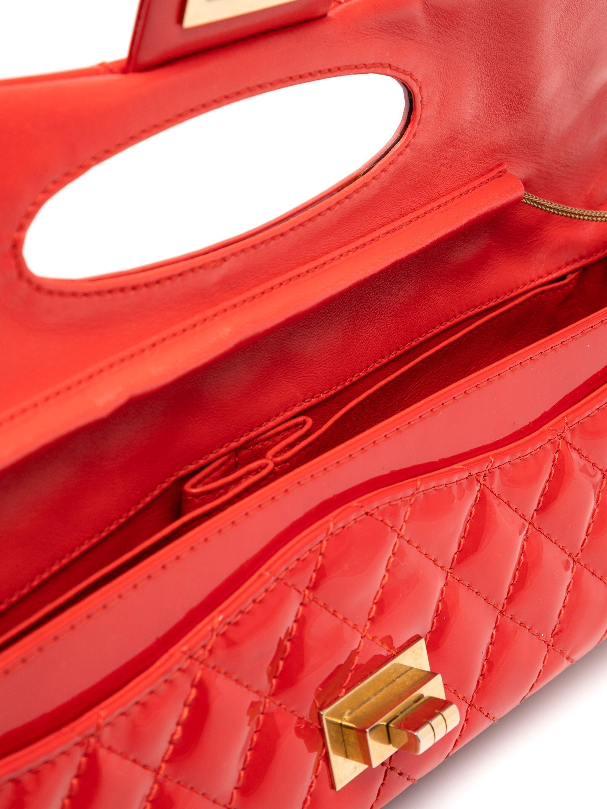 Chanel 2008 Long Quilted Red Patent Classic Flap Bag For Sale 2