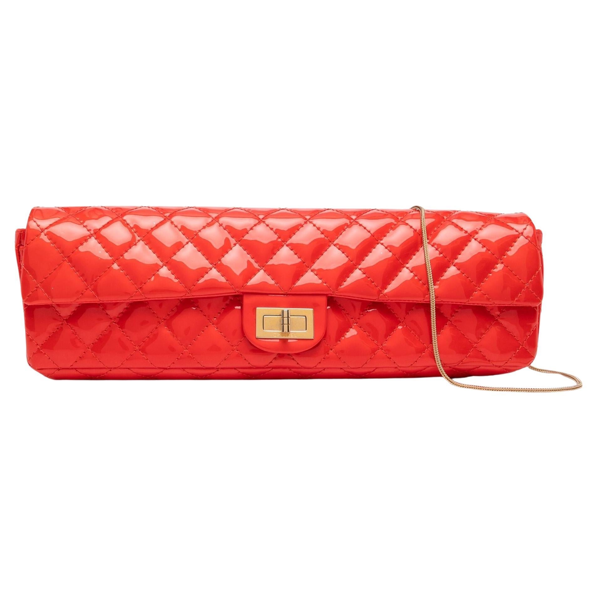 Chanel 2008 Long Quilted Red Patent Classic Flap Bag For Sale