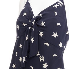 CHANEL 2008 navy off white 100% silk CC logo moon star bow camisole FR36 S