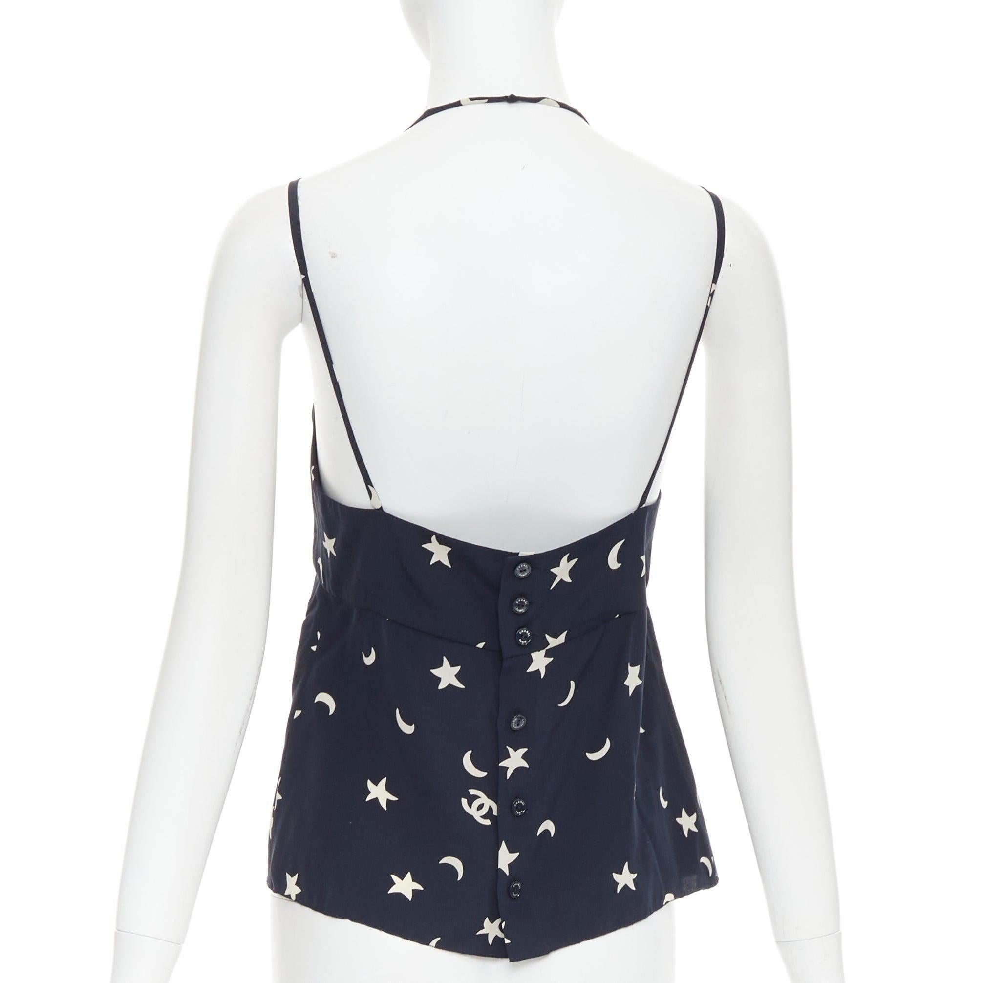 Women's CHANEL 2008 navy off white 100% silk CC logo moon star bow camisole FR36 S For Sale