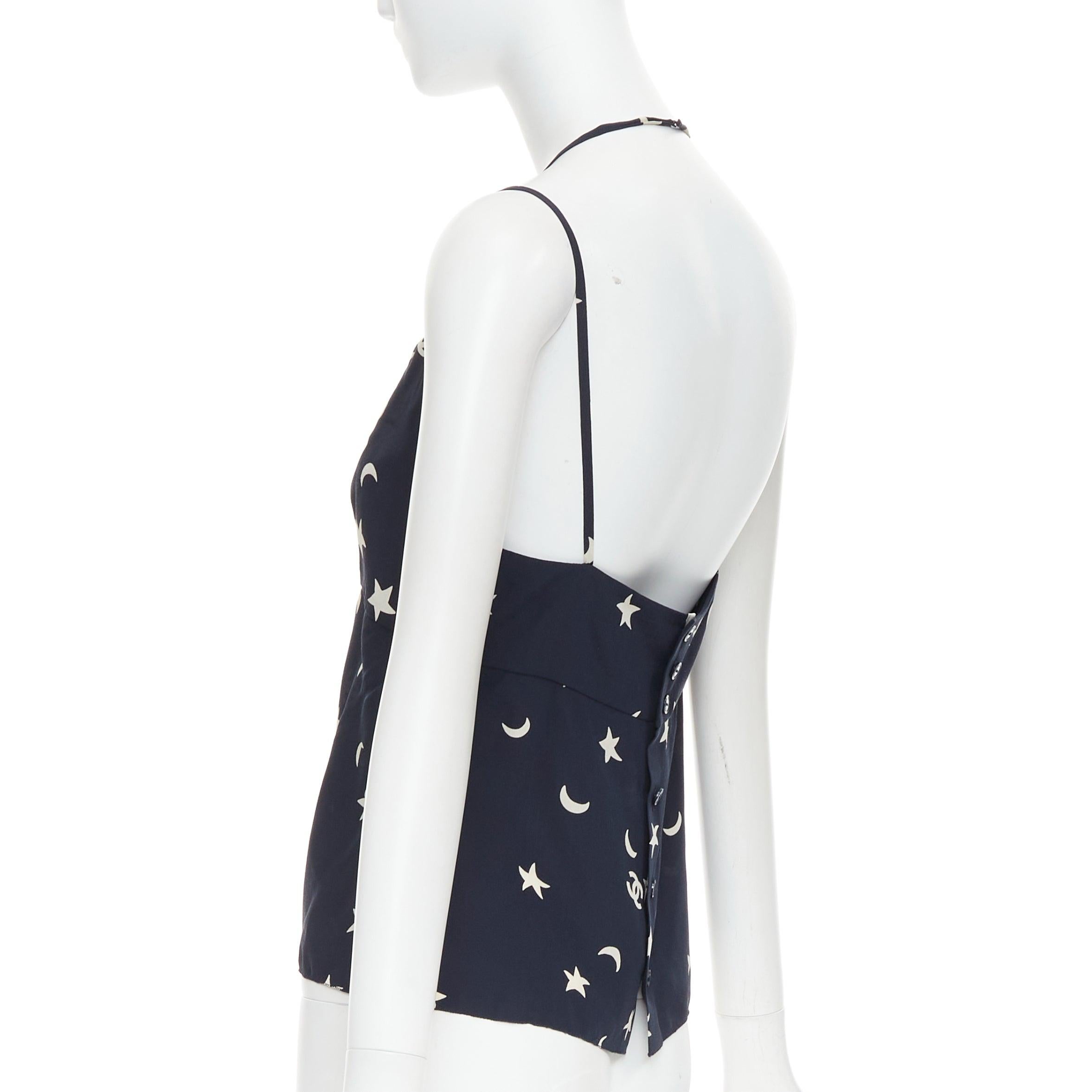 CHANEL 2008 navy off white 100% silk CC logo moon star bow camisole FR36 S For Sale 1