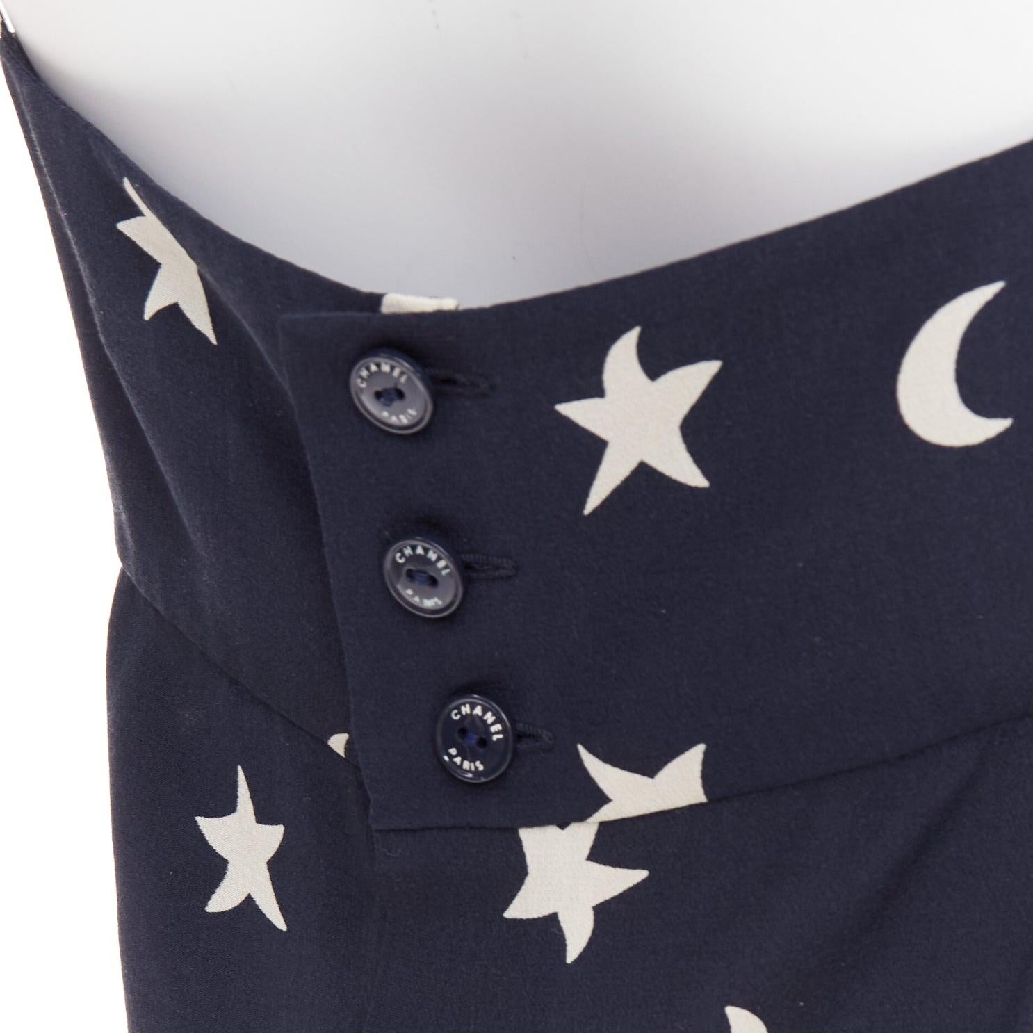 CHANEL 2008 navy off white 100% silk CC logo moon star bow camisole FR36 S For Sale 2