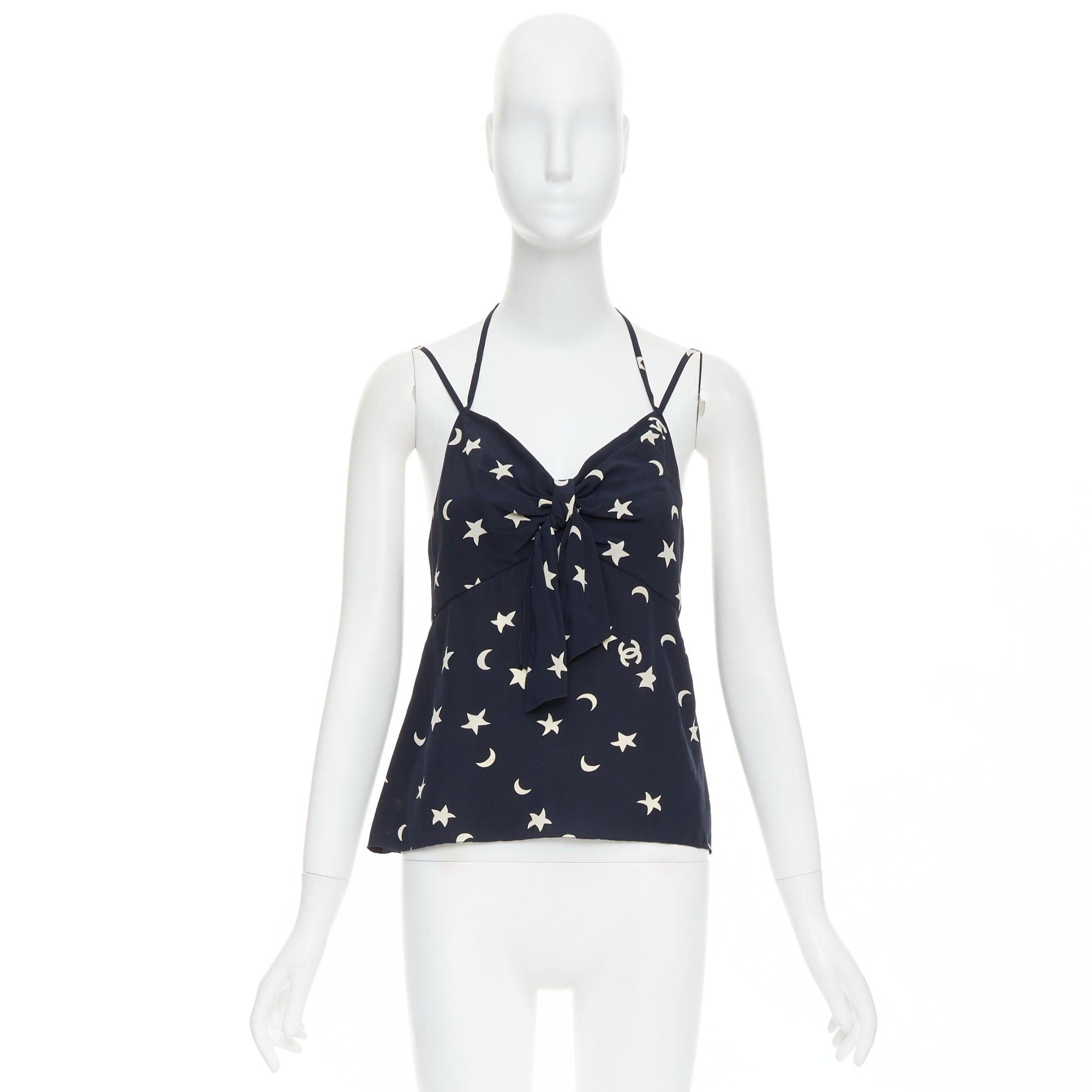 CHANEL 2008 navy off white 100% silk CC logo moon star bow camisole FR36 S For Sale 4