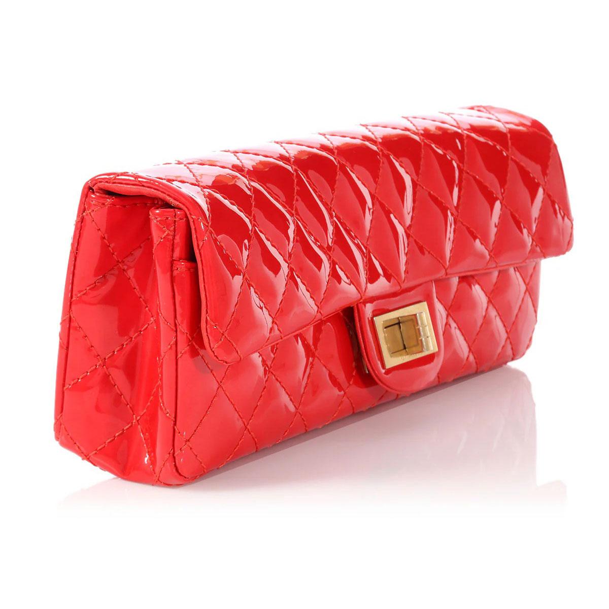 Chanel 2008 Red Patent Long Quilted Clutch Classic Flap Bag In Good Condition For Sale In Miami, FL