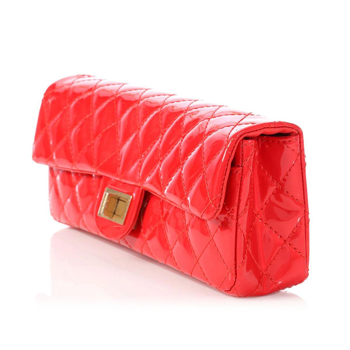 Chanel 2008 Red Patent Long Quilted Clutch Classic Flap Bag For Sale 2
