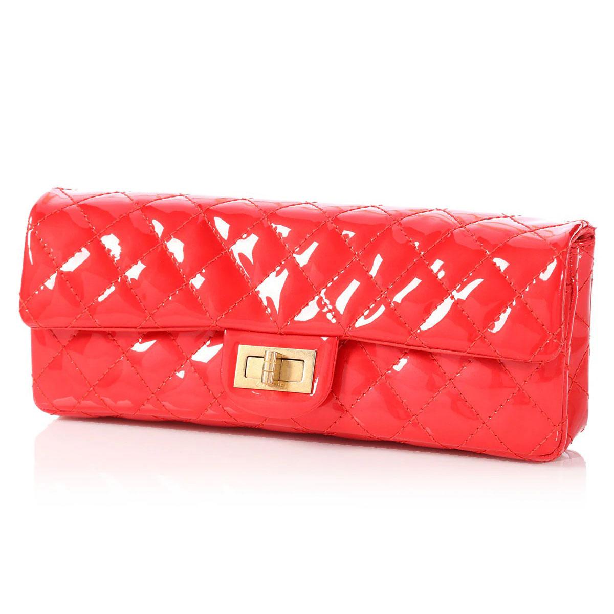 Chanel 2008 Red Patent Long Quilted Clutch Classic Flap Bag For Sale 3