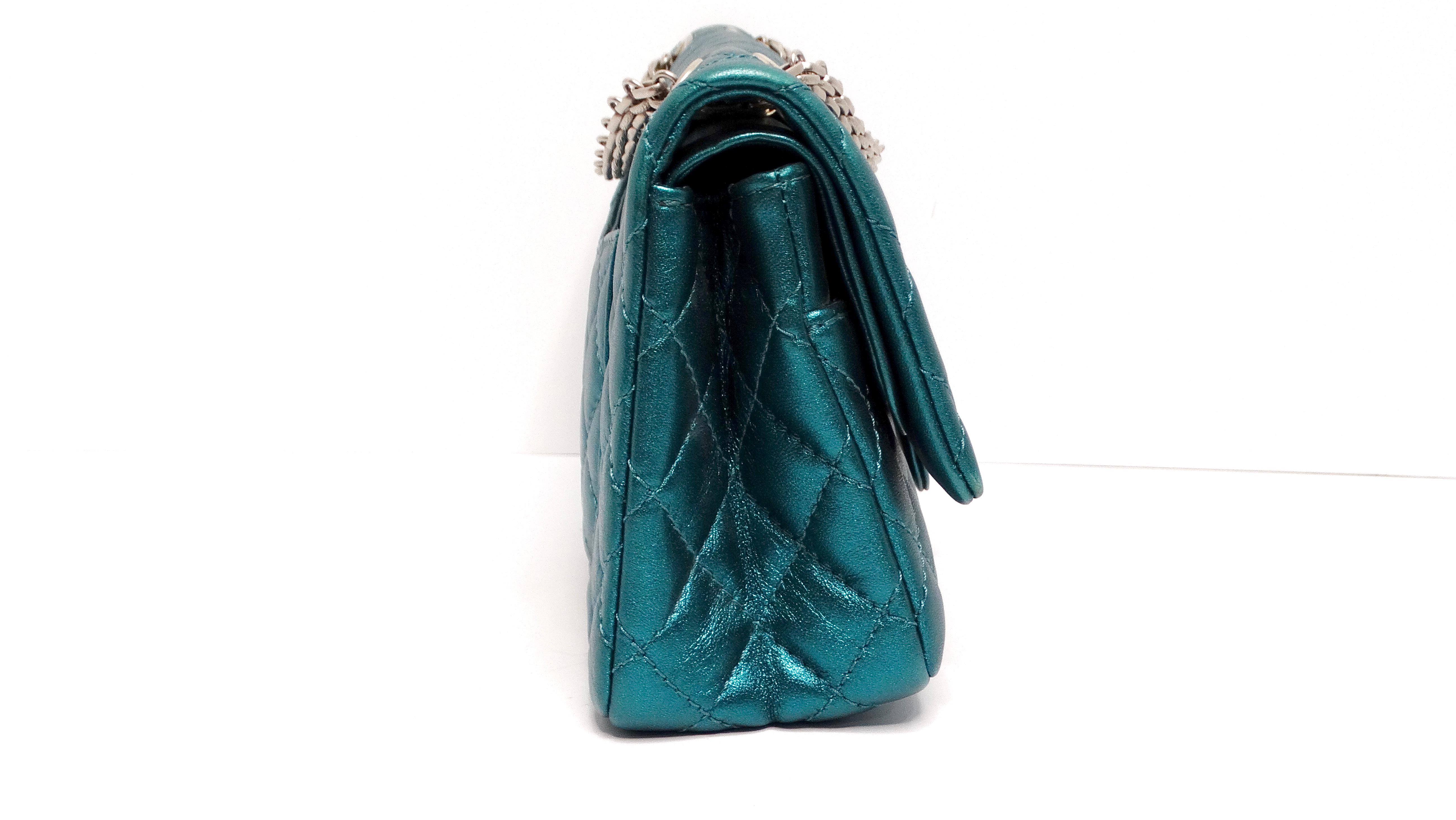 Chanel 2008 Reissue 2.55 Mademoiselle Metallic Turquoise Leather Shoulder Bag For Sale 5