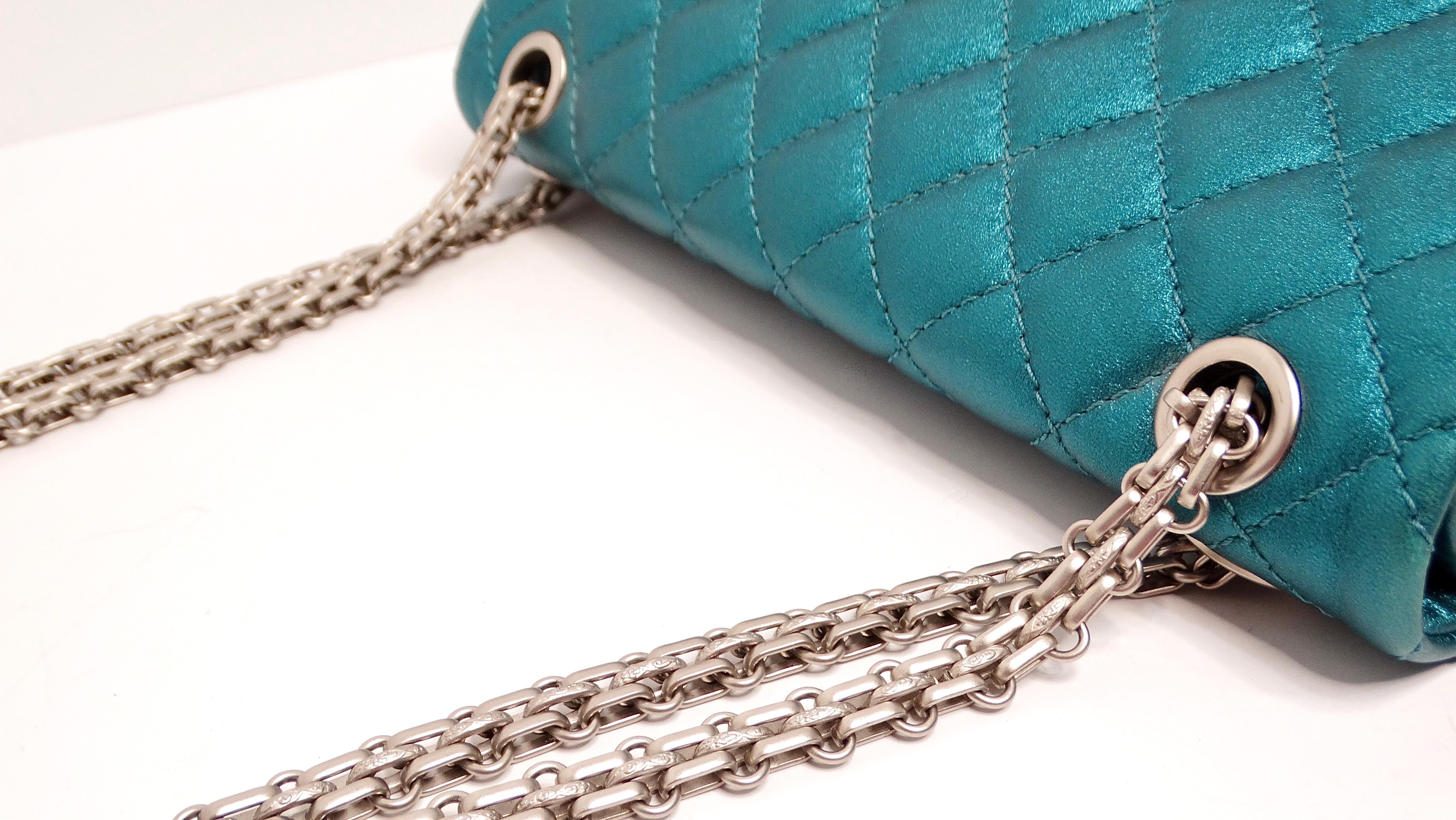 Chanel 2008 Reissue 2.55 Mademoiselle Metallic Turquoise Leather Shoulder Bag For Sale 9