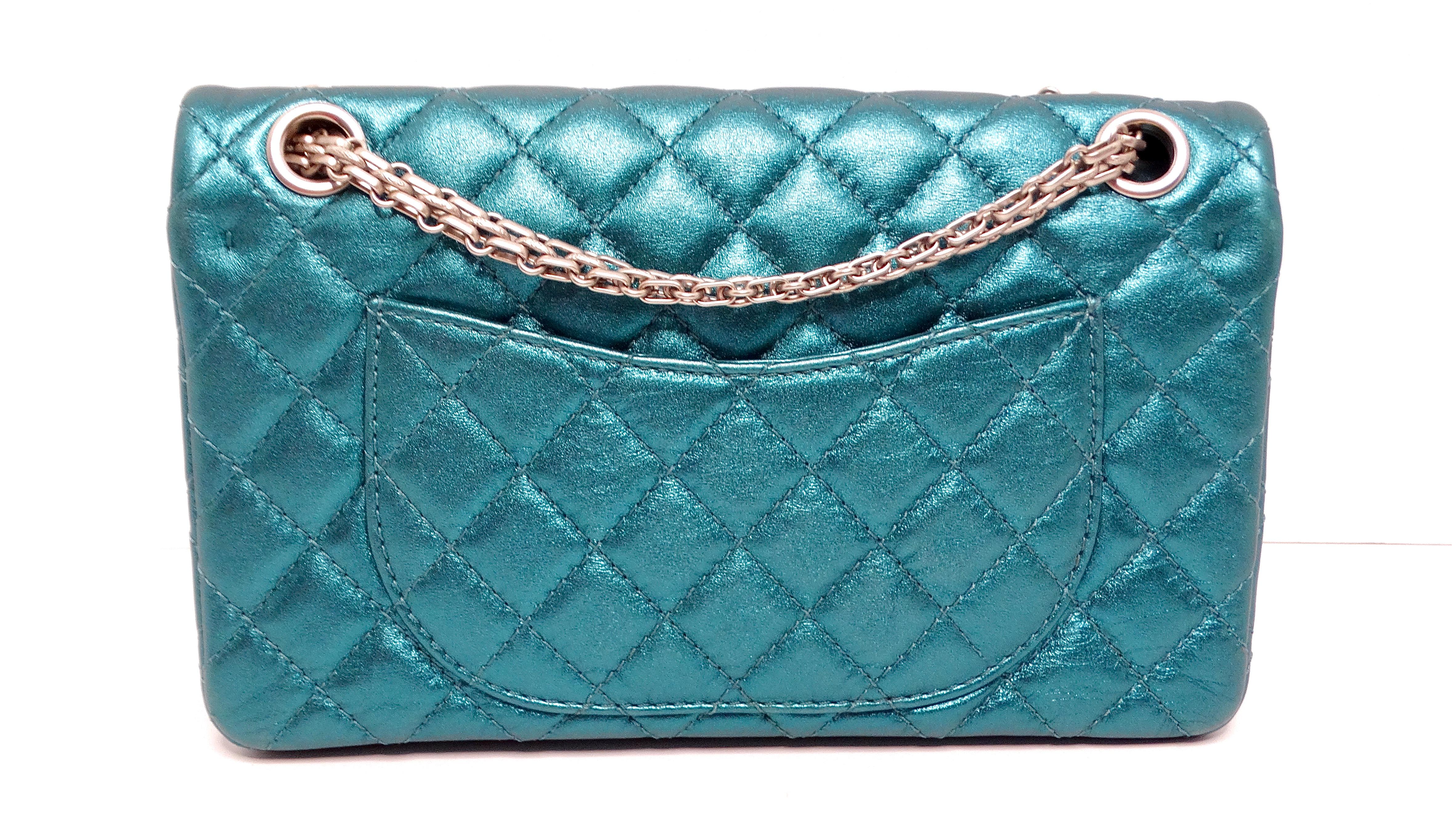 Chanel 2008 Reissue 2.55 Mademoiselle Metallic Turquoise Leather Shoulder Bag For Sale 10