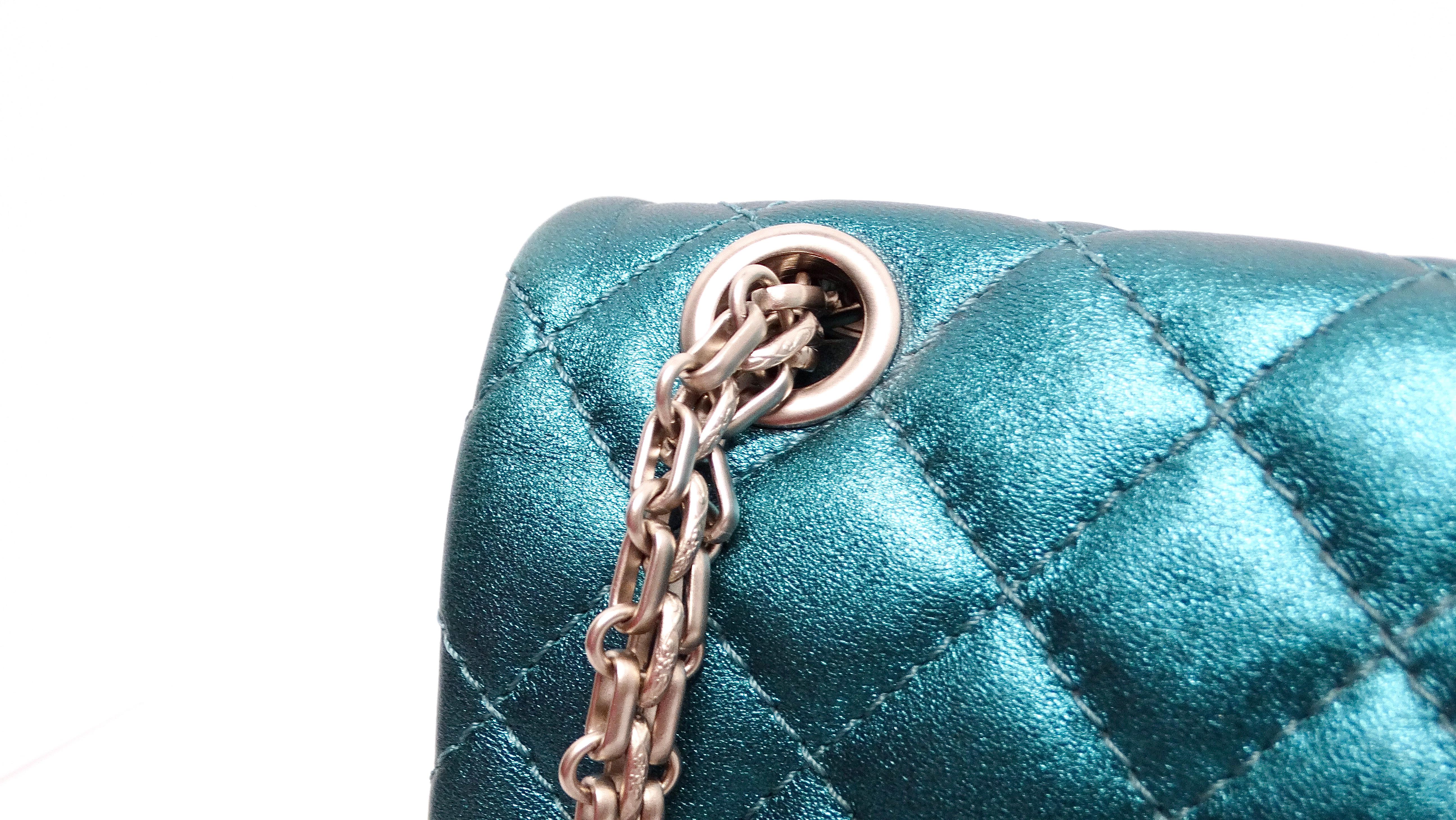 Blue Chanel 2008 Reissue 2.55 Mademoiselle Metallic Turquoise Leather Shoulder Bag For Sale