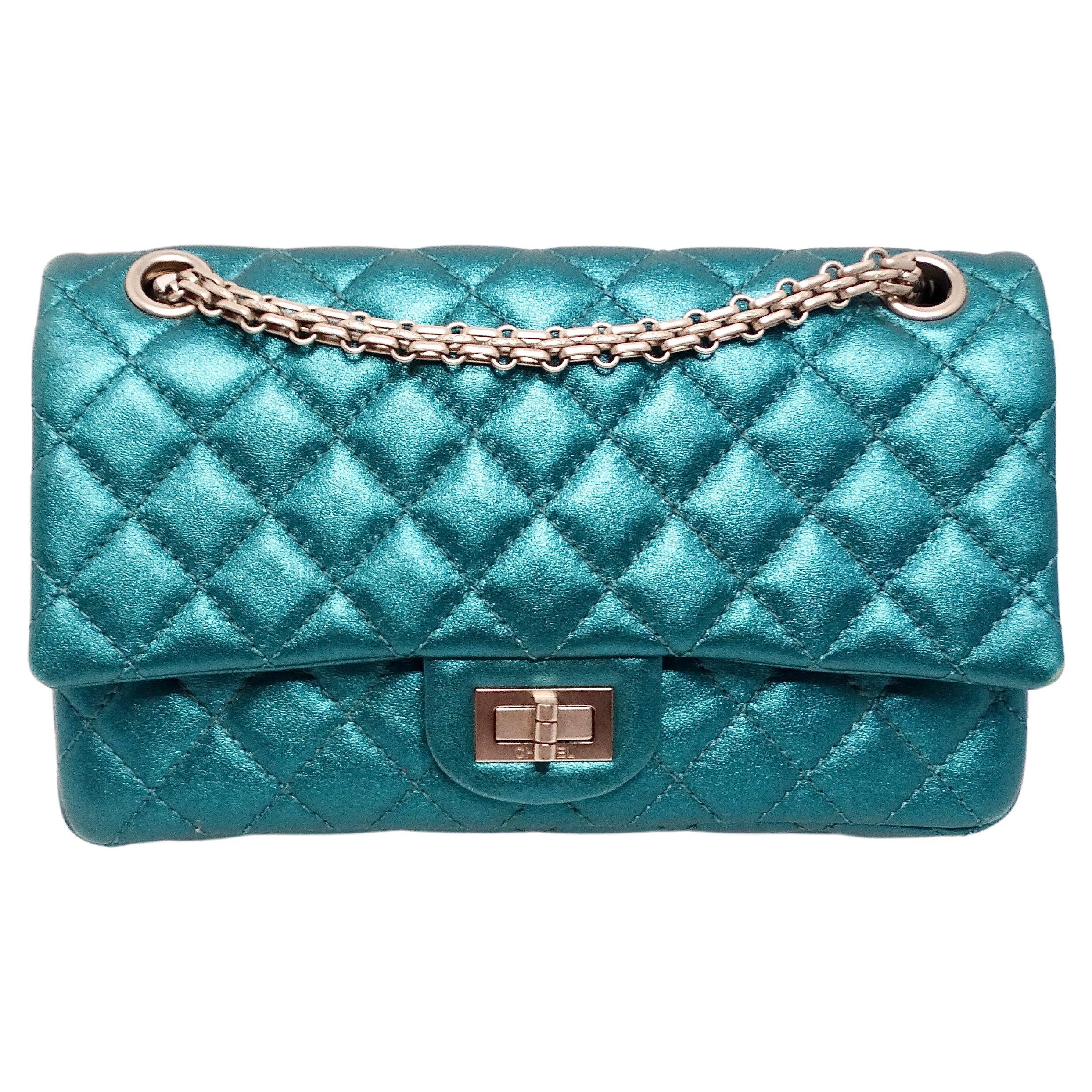 Chanel 2008 Reissue 2.55 Mademoiselle Metallic Turquoise Leather Shoulder Bag For Sale
