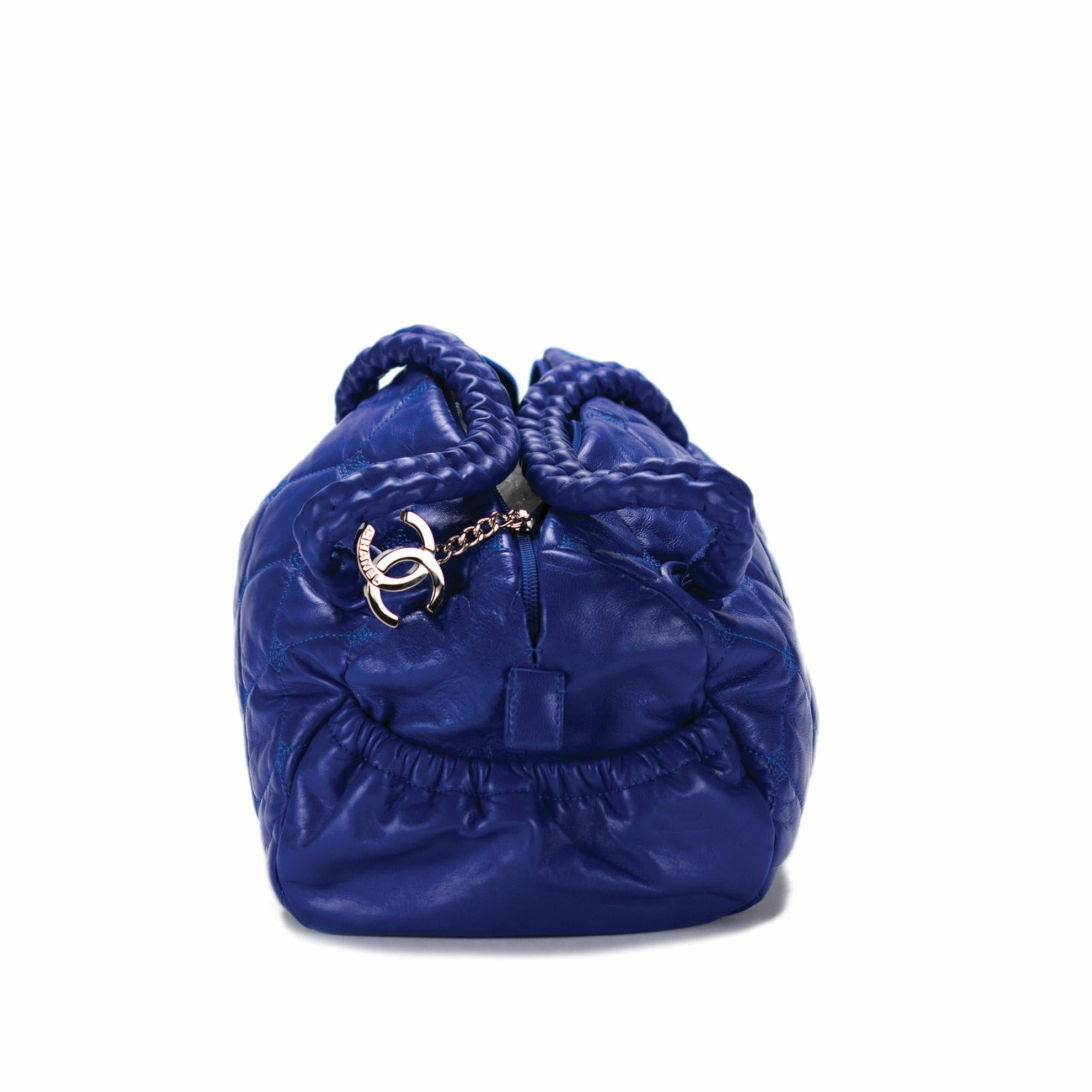 Women's Chanel 2008 Royal Blue Top Handle Small Bowler Tote Stitched Lambskin Bag  For Sale