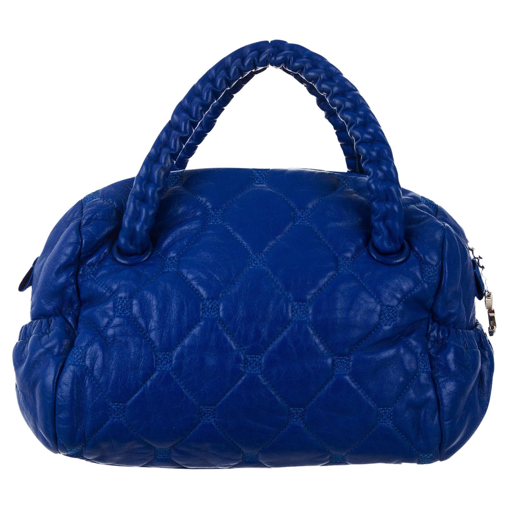Chanel 2008 Royal Blue Top Handle Small Bowler Tote Stitched Lambskin Bag  For Sale