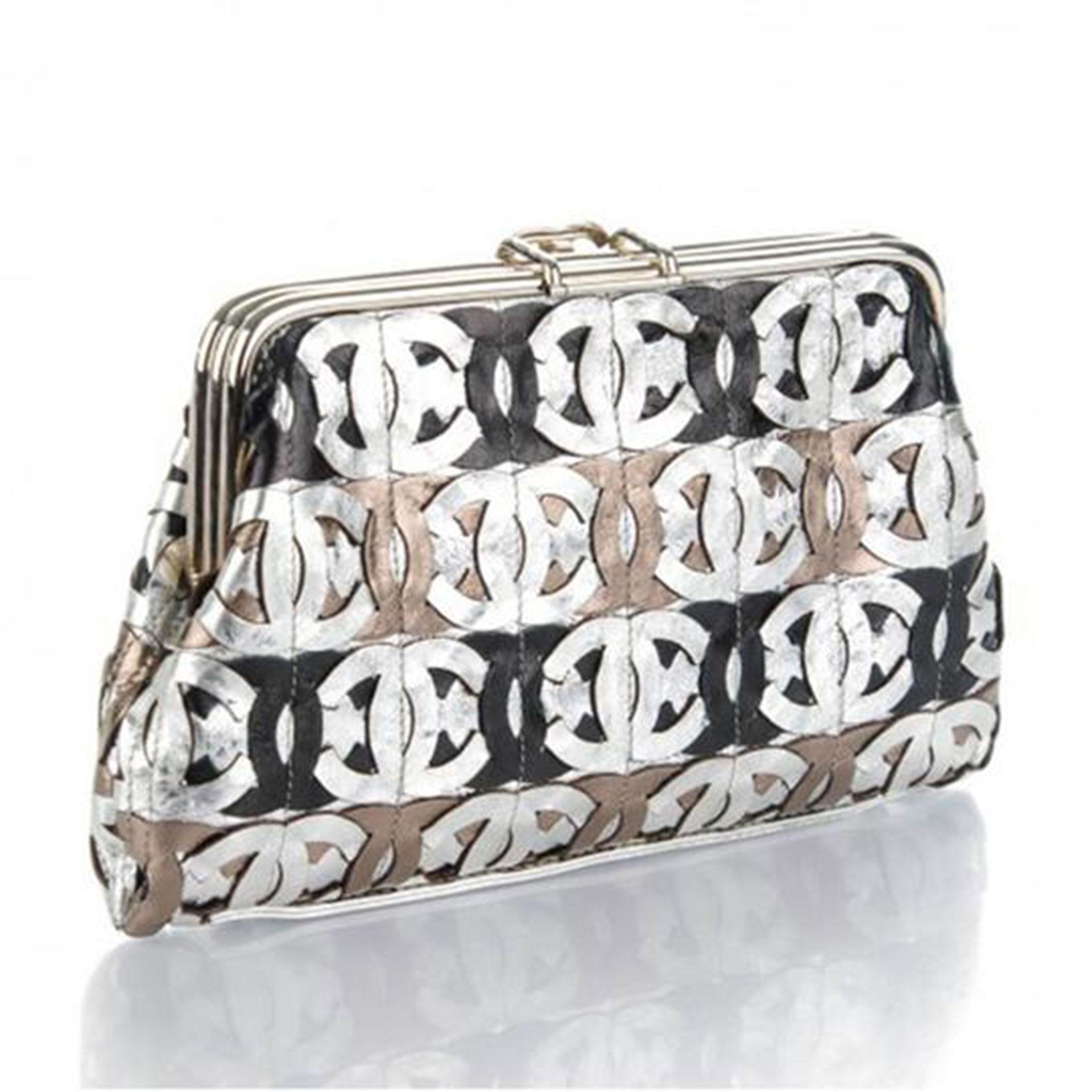 Chanel 2008 Runway Limited Edition Laser CC Metallic Silver Bronze Gold Clutch For Sale 4