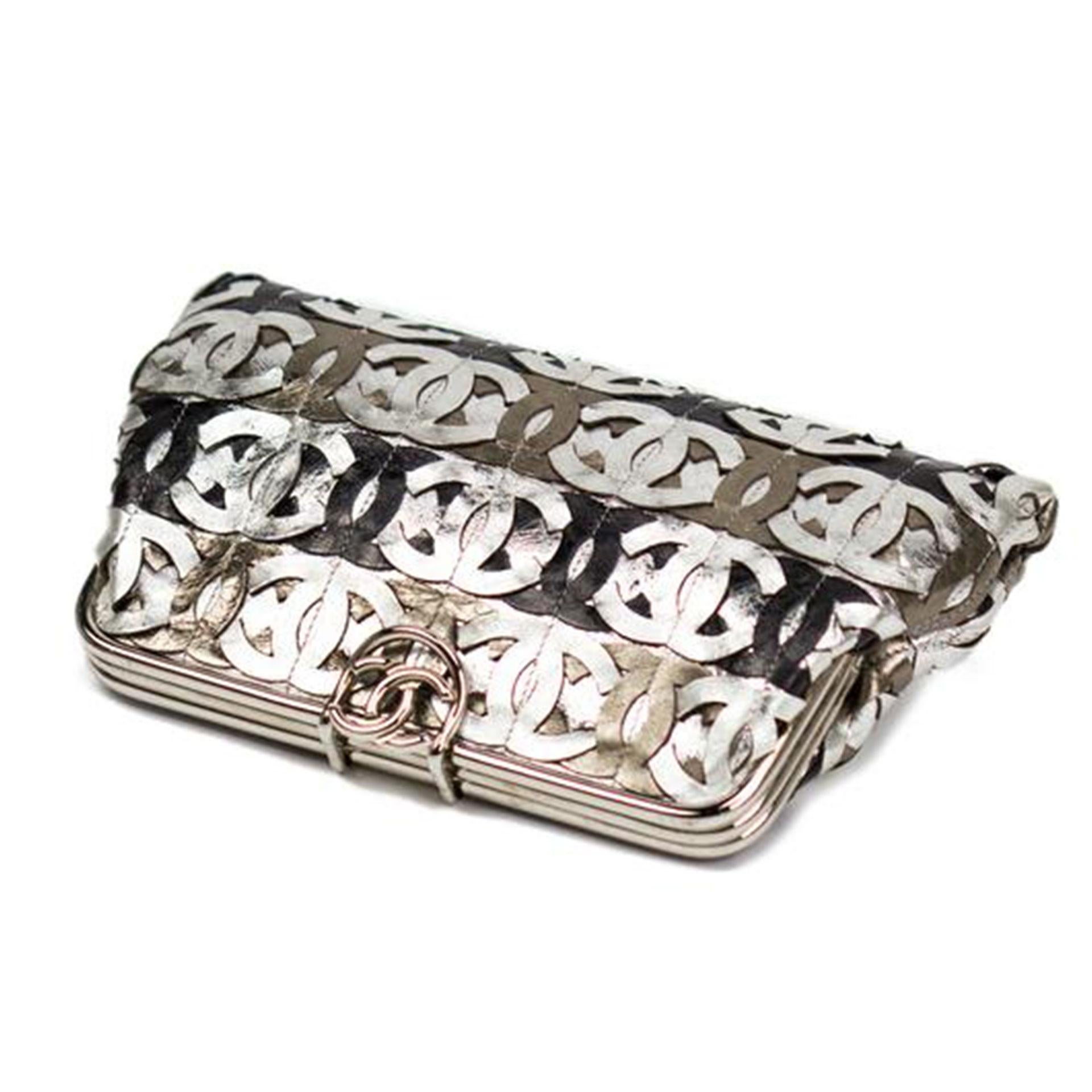 Chanel 2008 Runway Limited Edition Laser CC Metallic Silver Bronze Gold Clutch For Sale 5