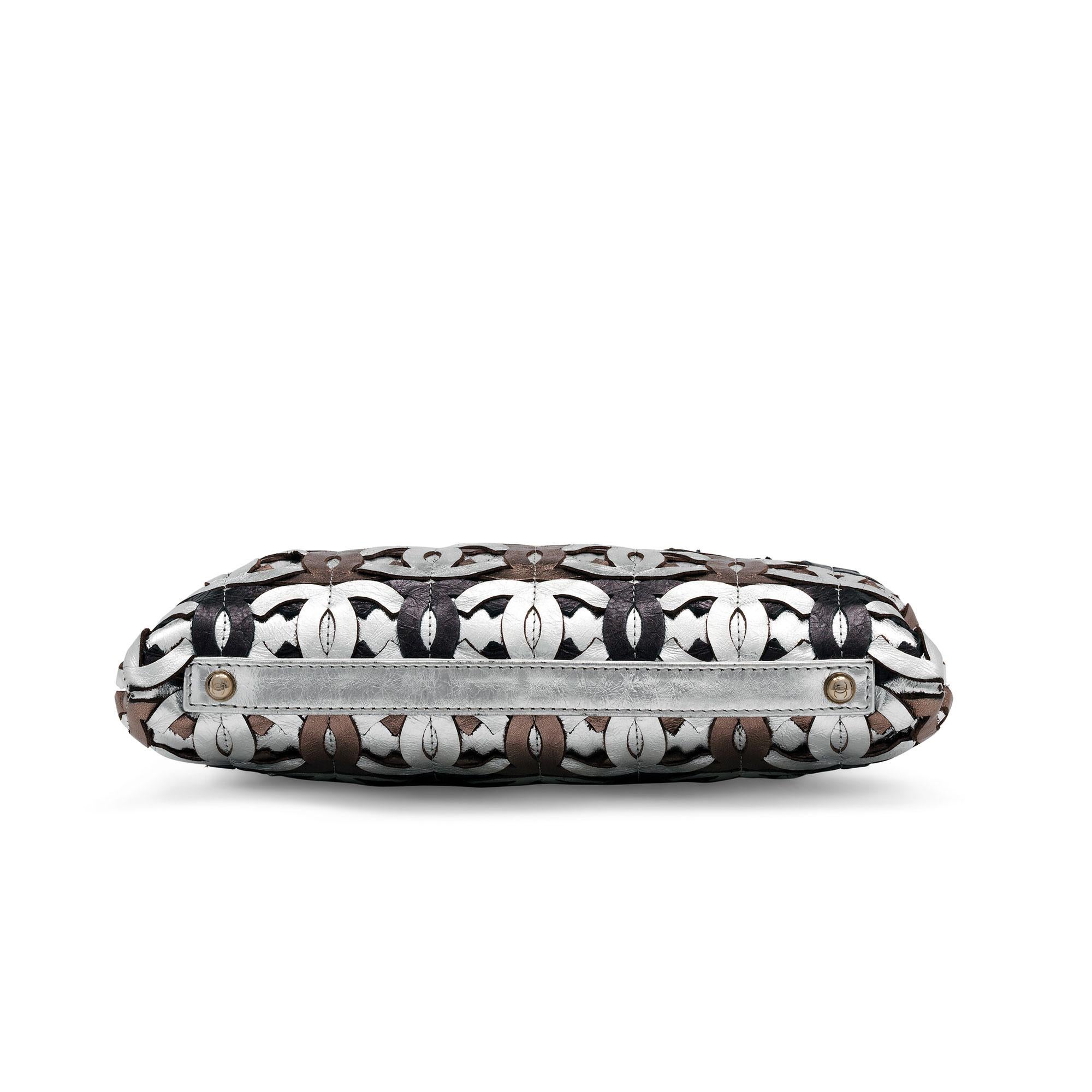 Chanel 2008 Runway Limited Edition Laser CC Metallic Silver Bronze Gold Clutch For Sale 5