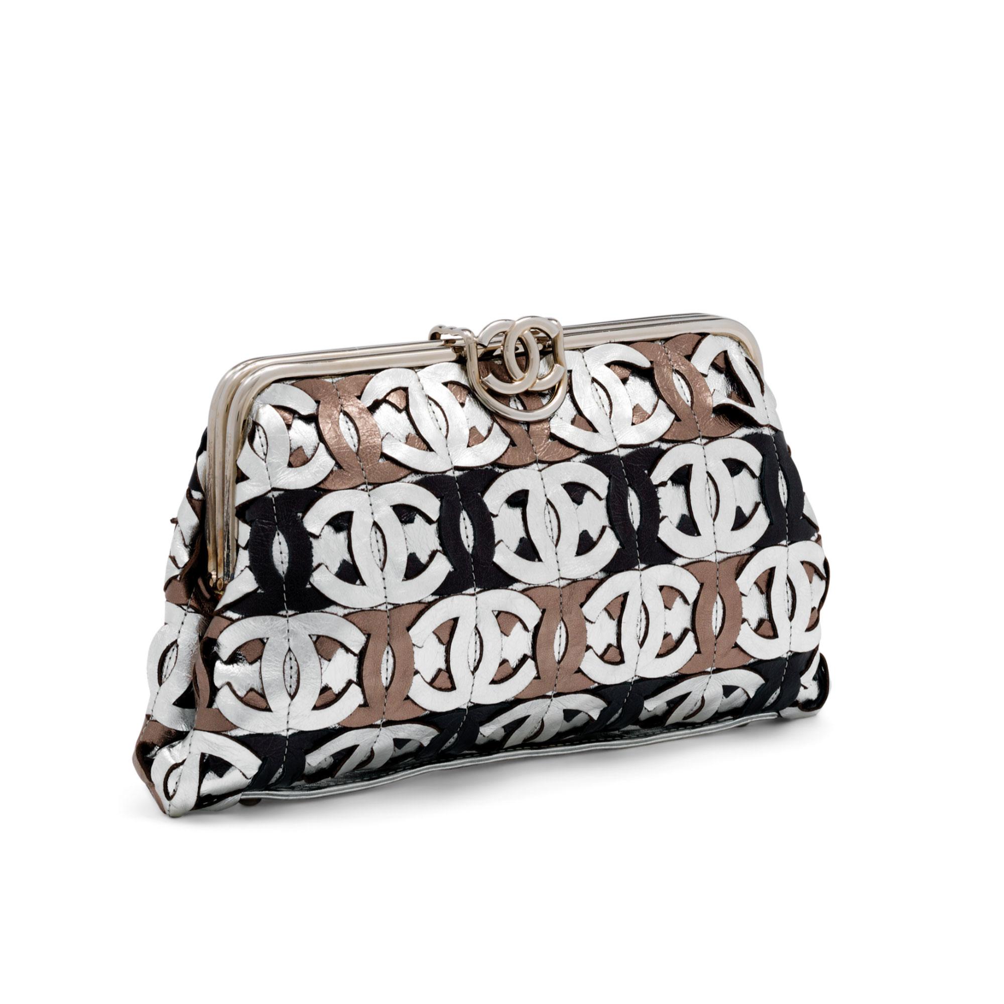 Chanel 2008 Runway Limited Edition Laser CC Metallic Silver Bronze Gold Clutch For Sale