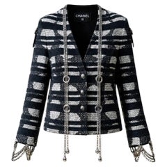 CHANEL 2008 Spring Iconic CC Chains Black Tweed Jacket 34 FR