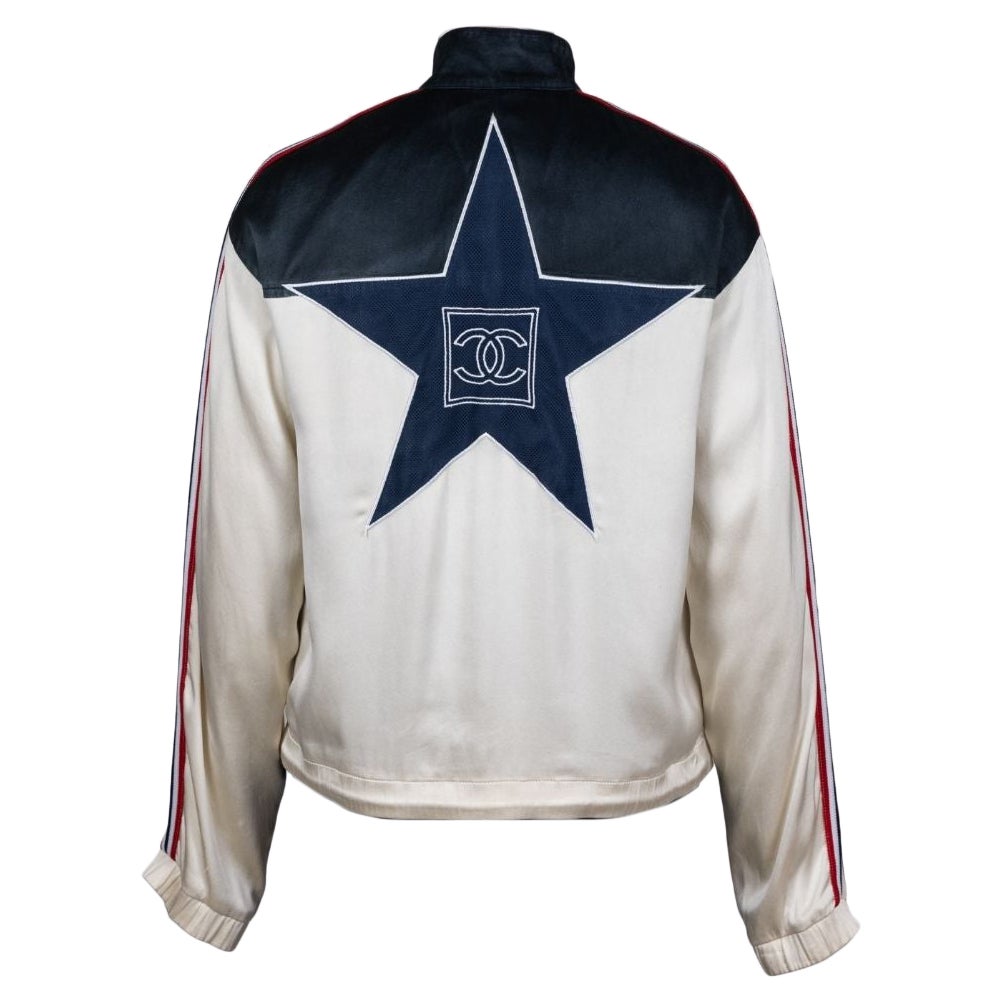 Chanel 2008 Spring/Summer Runway Cream and Navy CC Logo Star Bomber Jacket For Sale