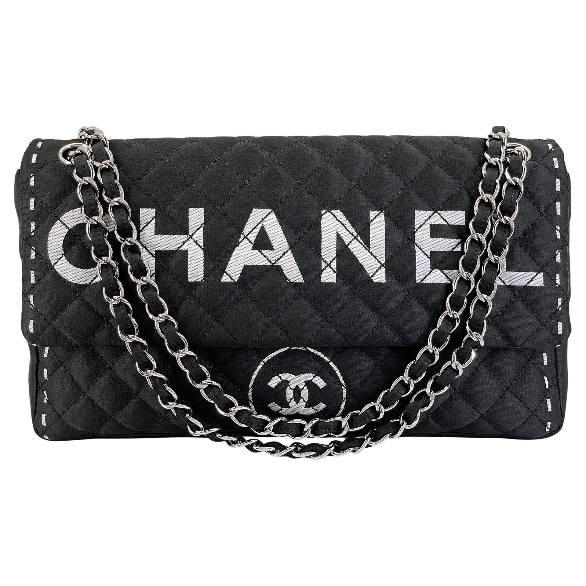 Chanel 2008 Vintage Black Logomania Logo Printed Flap Bag SHW 68523